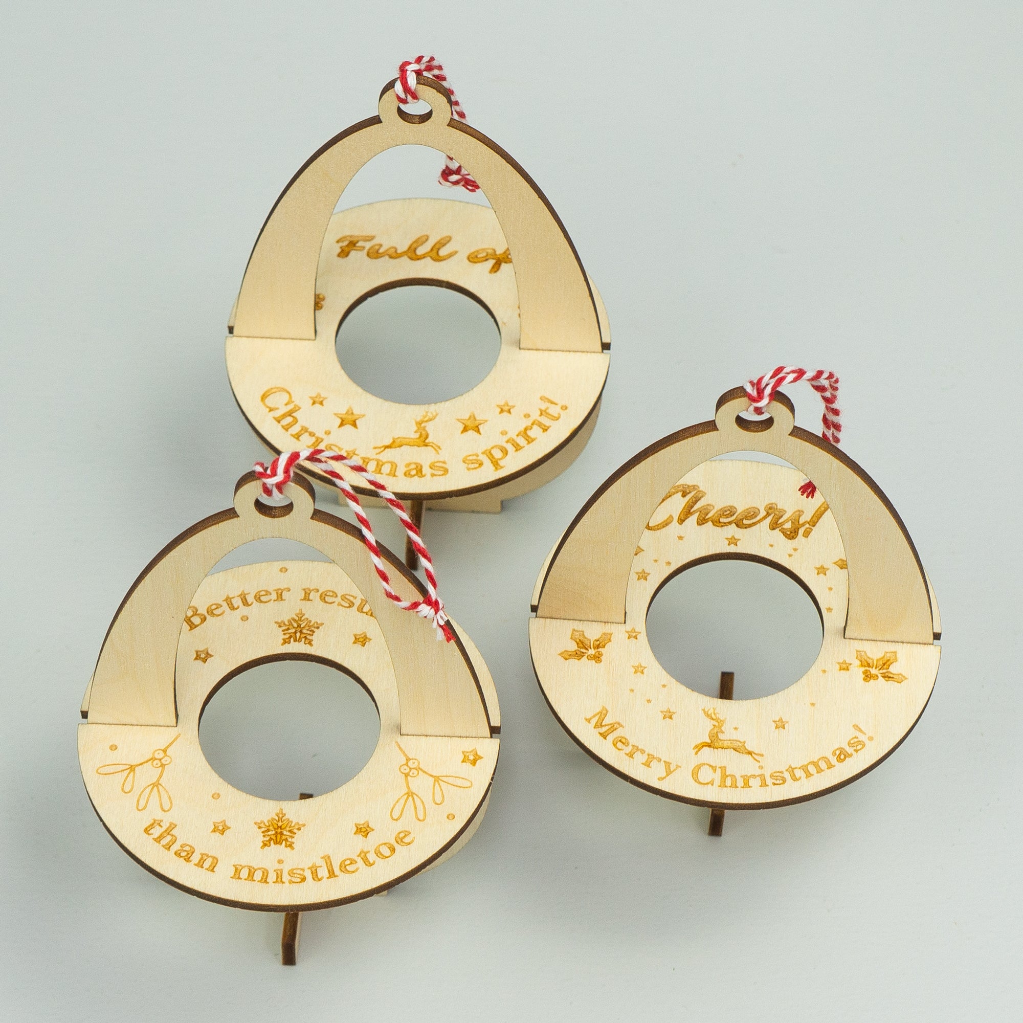 3x Christmas miniature spirits bottle tree decorations. Wooden hanging xmas baubles.