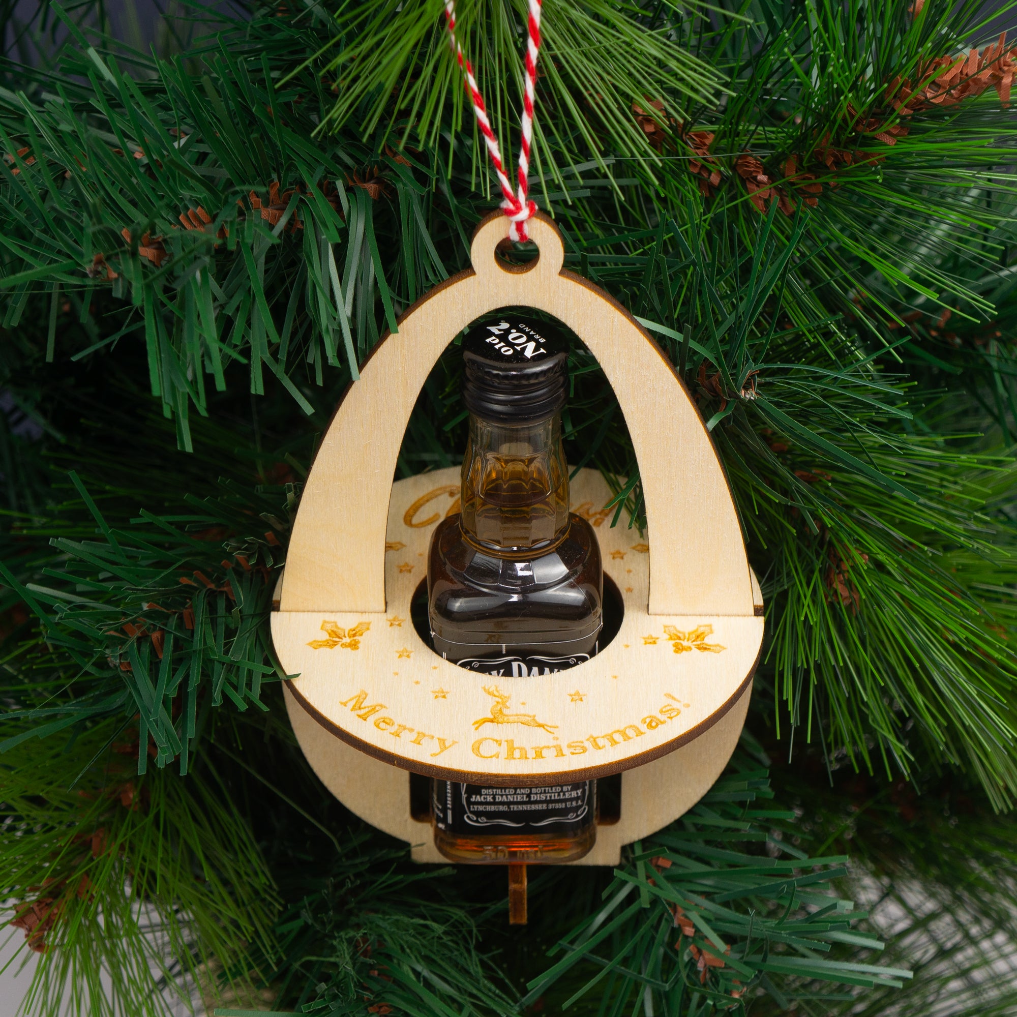 3x Christmas miniature spirits bottle tree decorations. Wooden hanging xmas baubles.