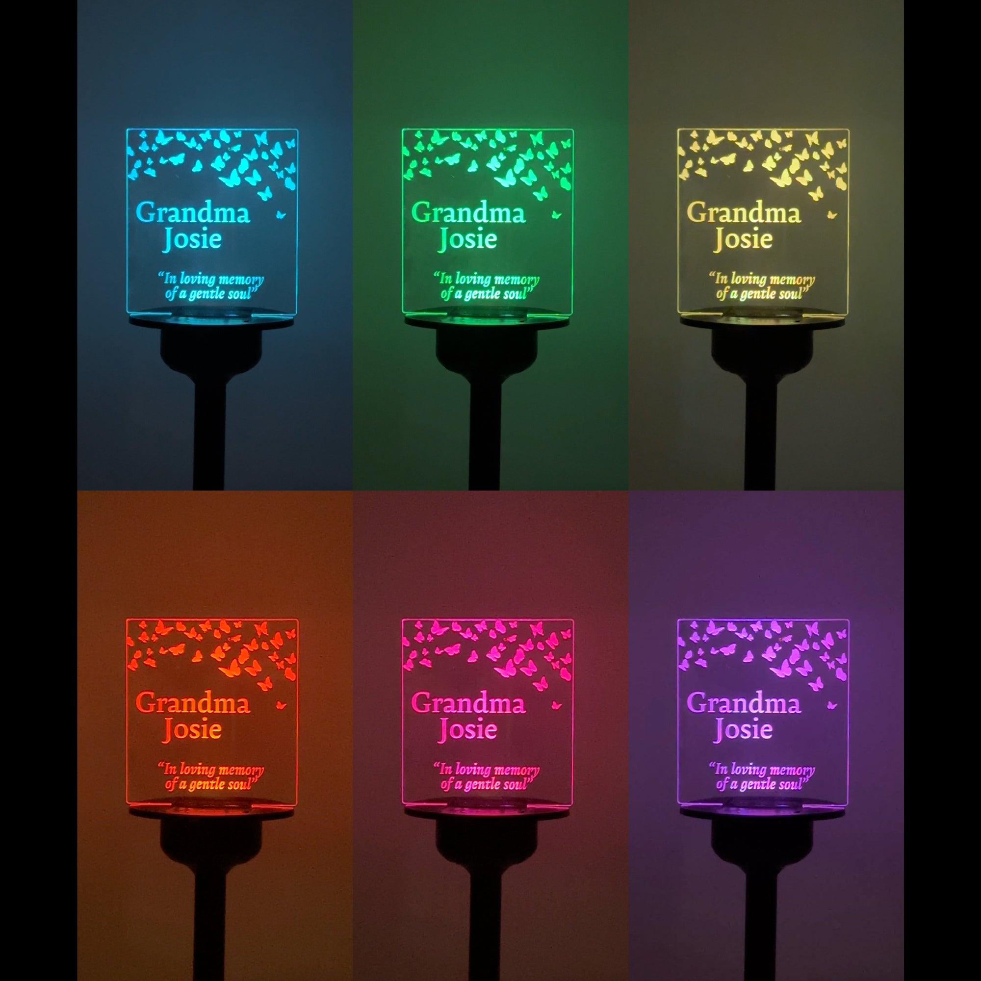 Sympathy gift Personalised LED memorial sign. Solar powered multi colour garden remembrance decoration