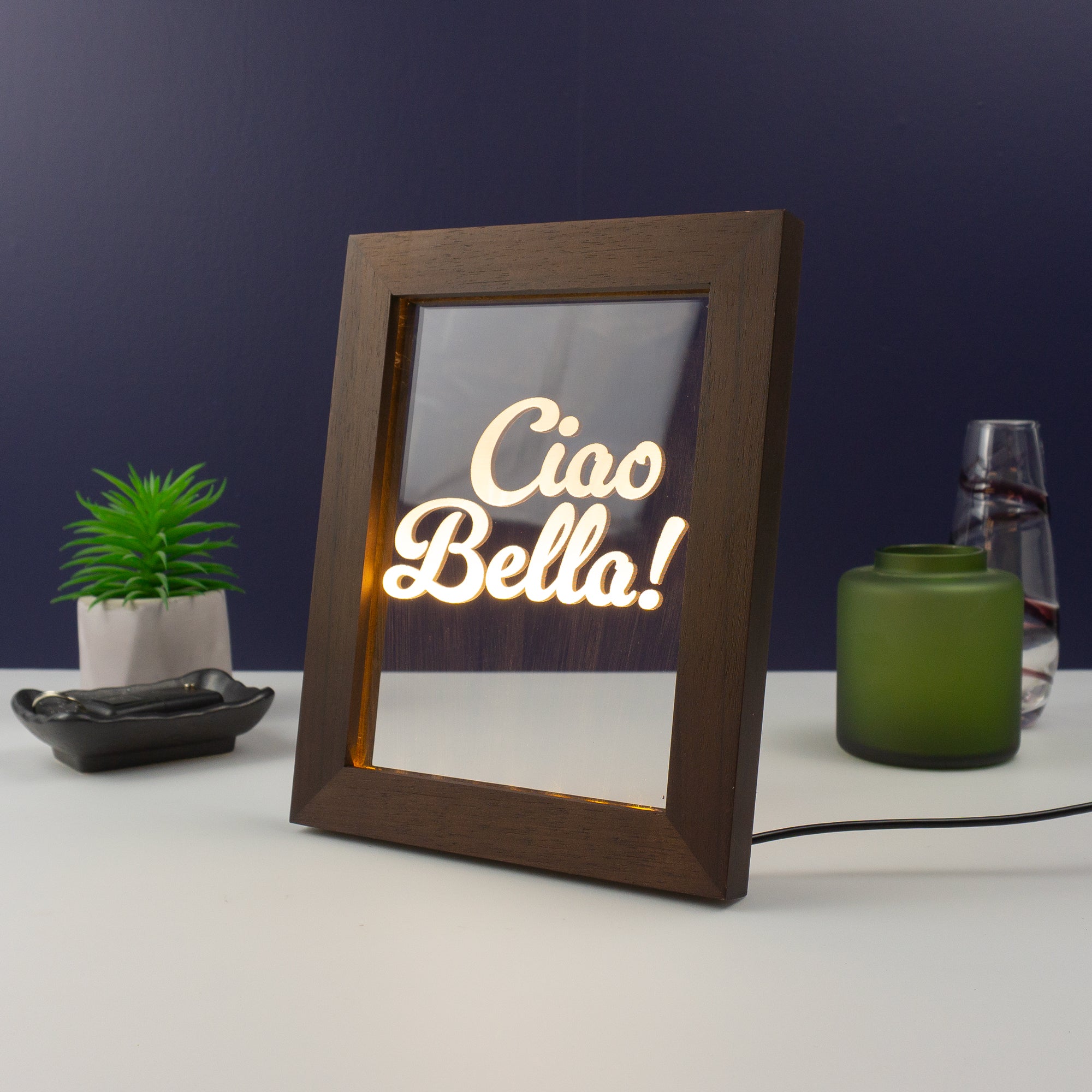 Ciao Bella LED framed sign. Modern artwork retro typography print