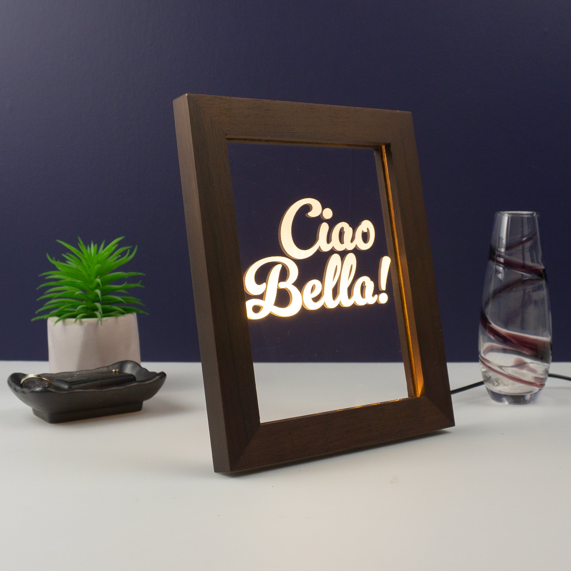 Ciao Bella LED framed sign. Modern artwork retro typography print