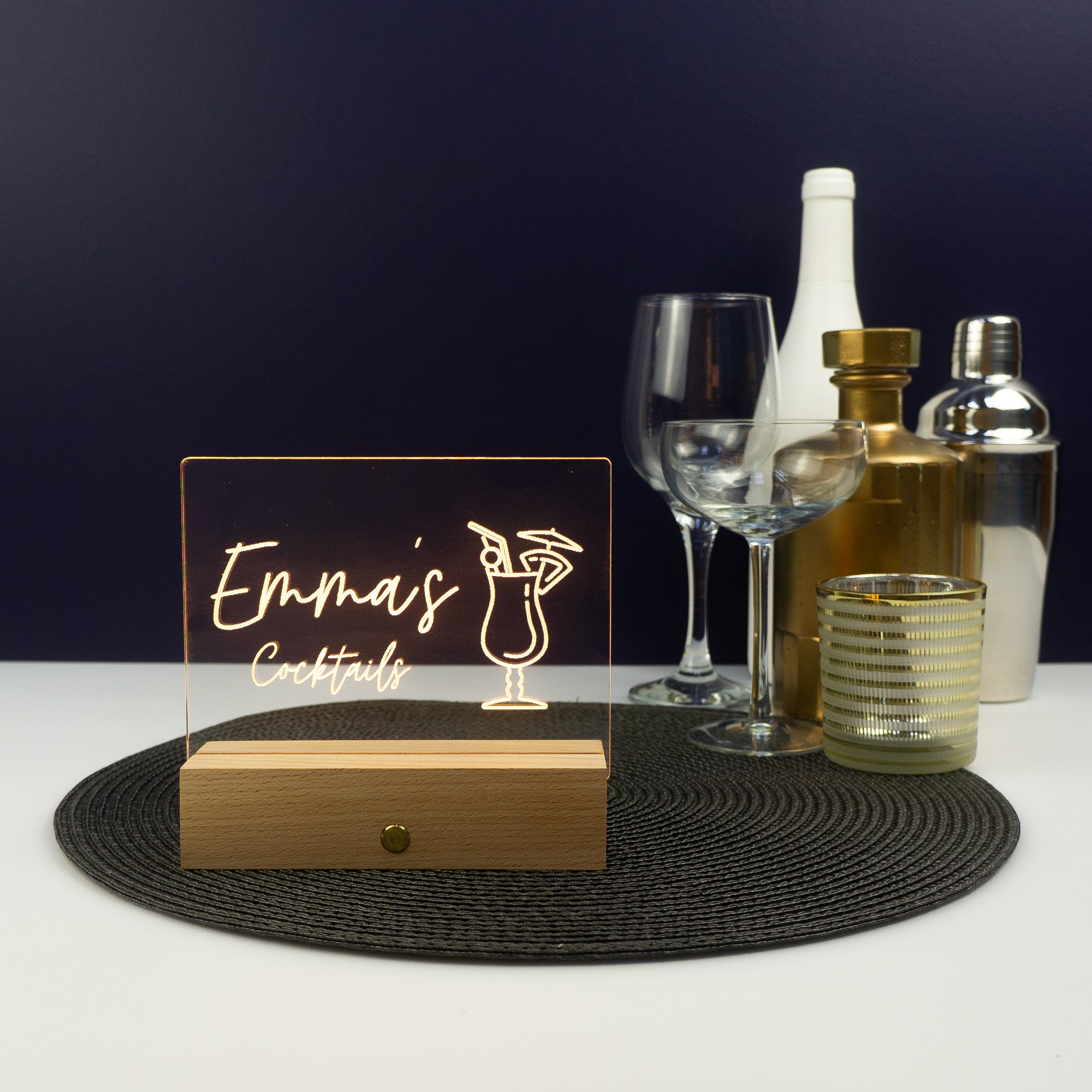 Small home cocktail bar neon sign. Personalised light up LED light