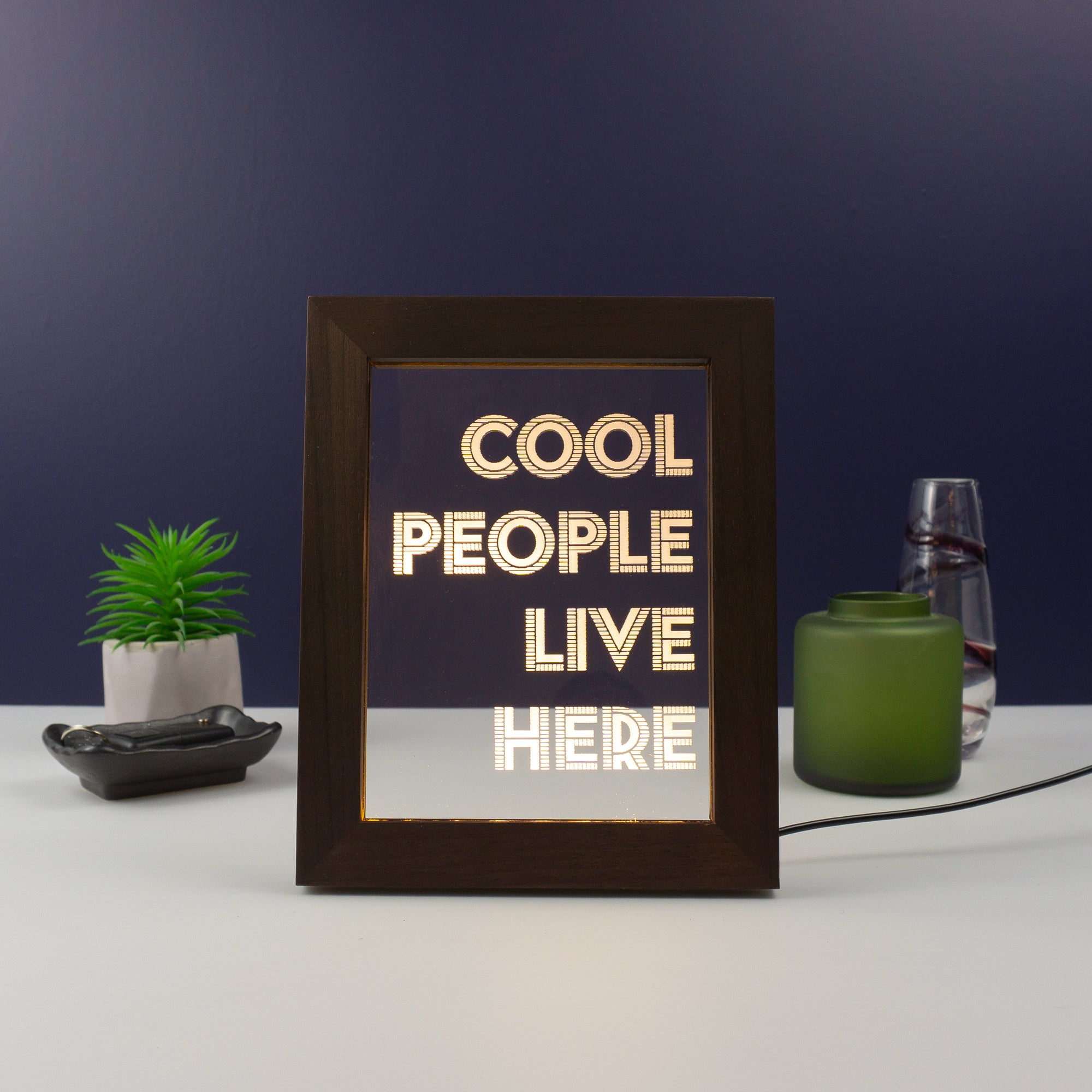 Funny framed artwork LED sign. Cool people live here. Light up typography graphic design