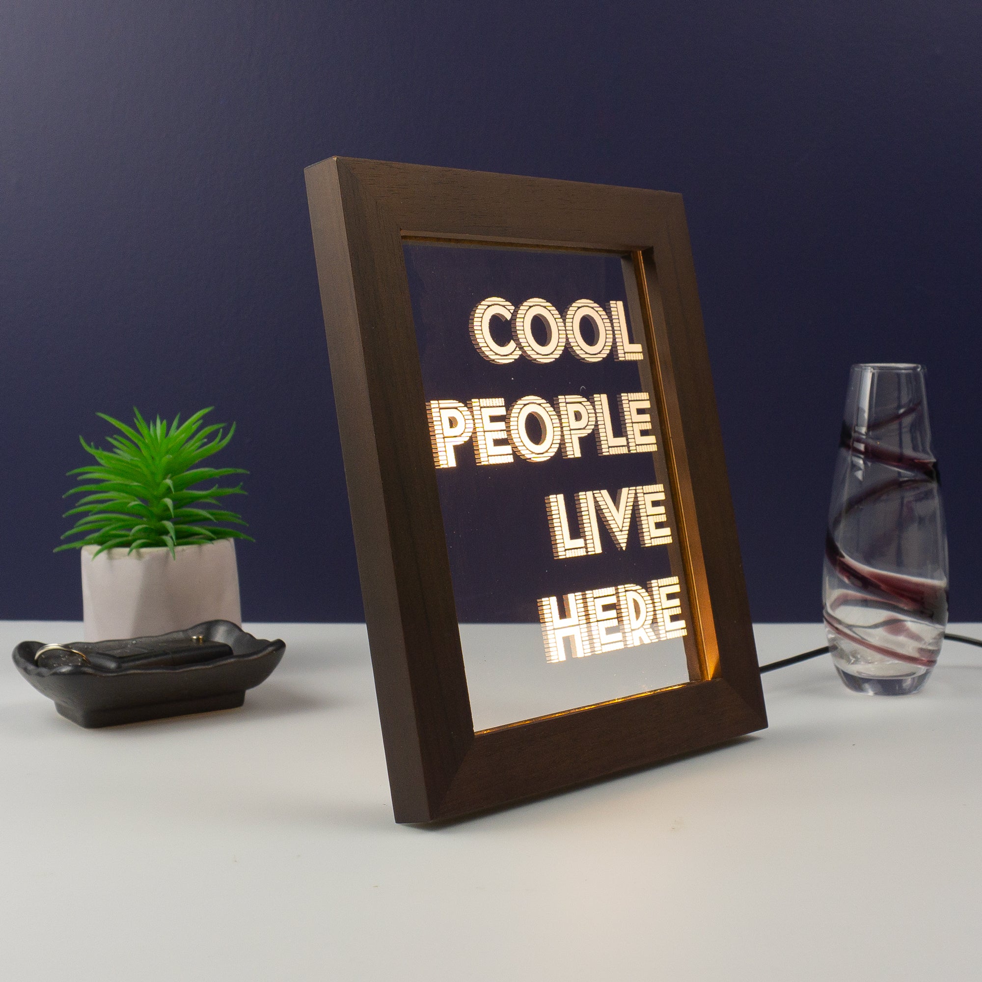 Funny framed artwork LED sign. Cool people live here. Light up typography graphic design