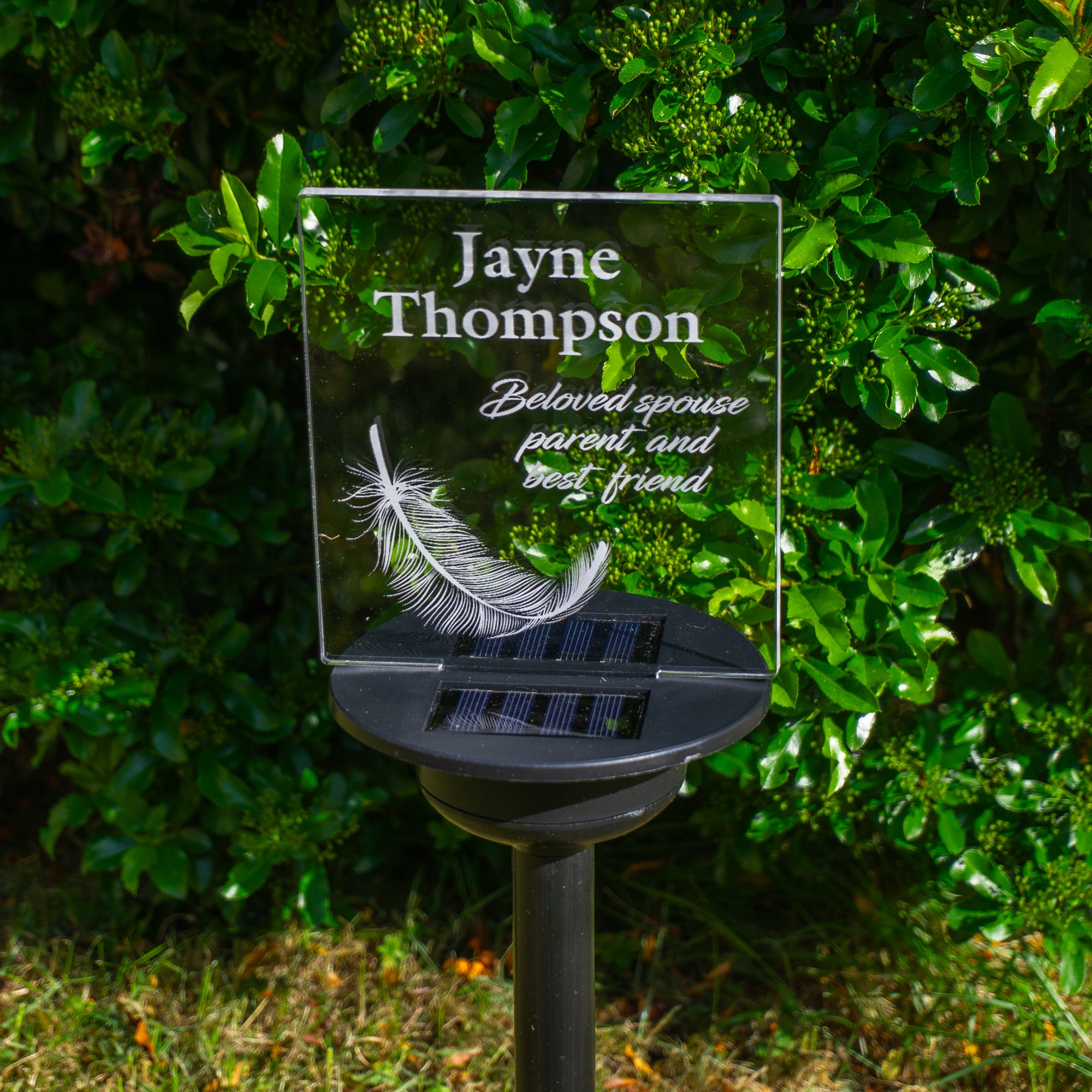 Custom graveside light up LED name plaque. Solar powered multi colour garden cemetery remembrance decor.
