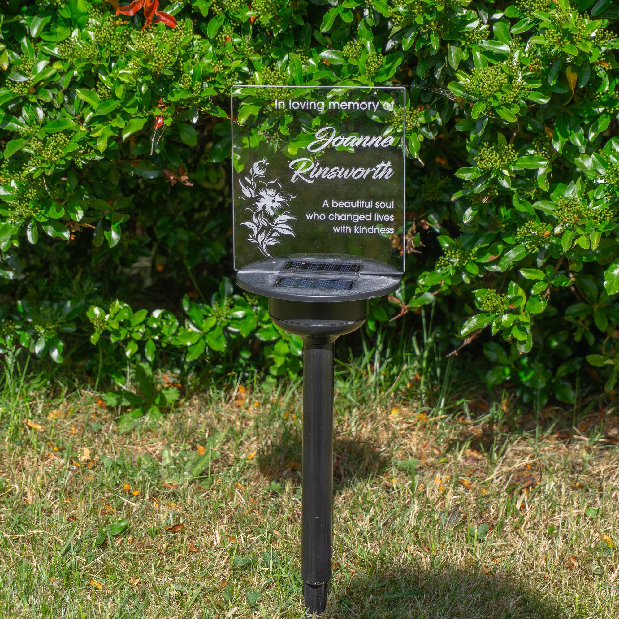 Floral sympathy gift custom made grave marker. Personalised solar powered light up LED sign. Memorial garden graveside name plaque