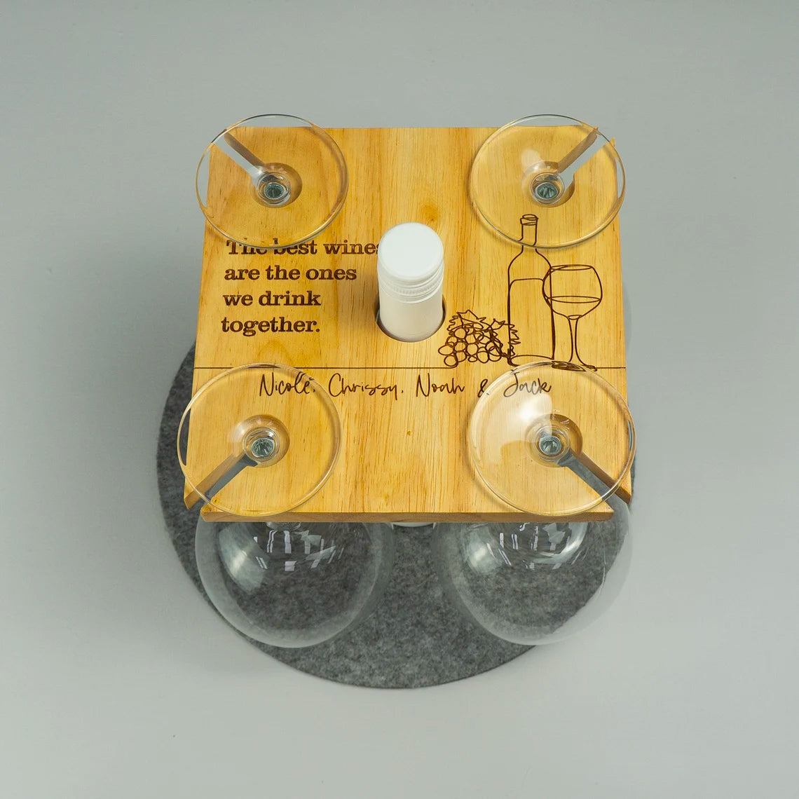 Personalised wooden wine glass and bottle tray