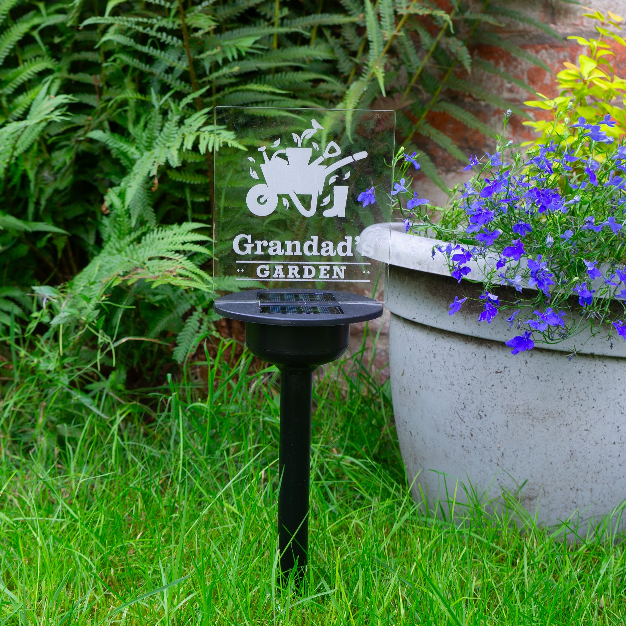 Personalised outdoor garden sign. Solar powered multi colour LED garden name plaque