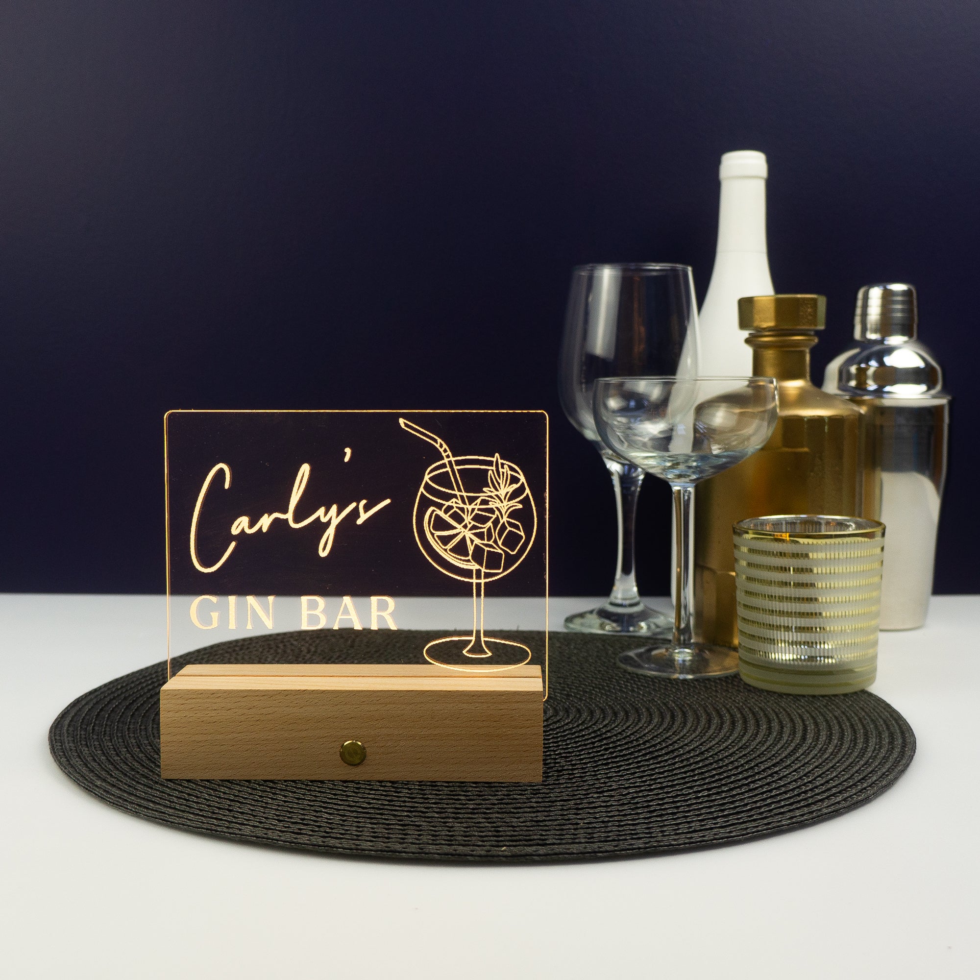 Personalised home gin bar sign. Custom mini neon light decoration