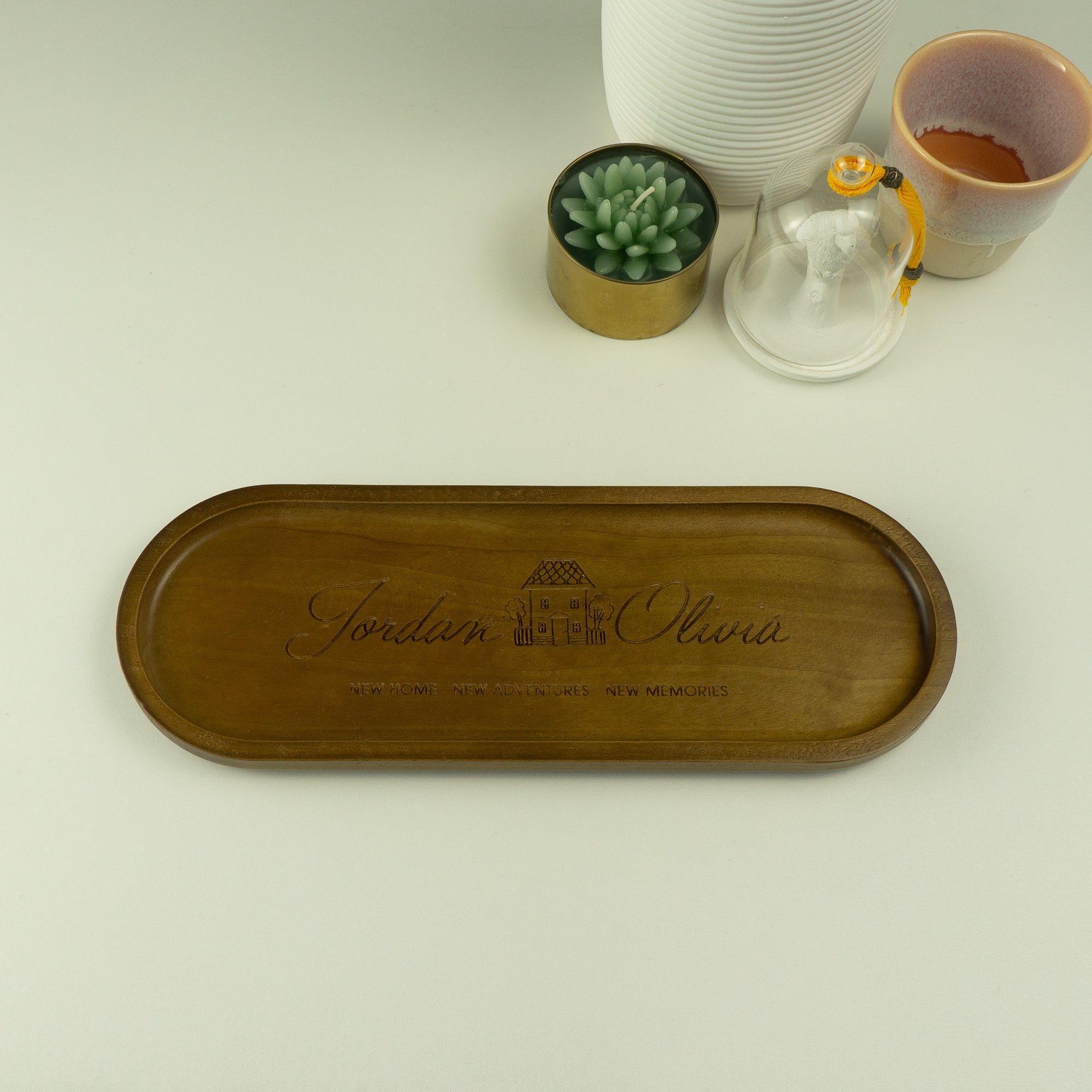 New home gift. Personalised acacia wood oval hallway landing tray