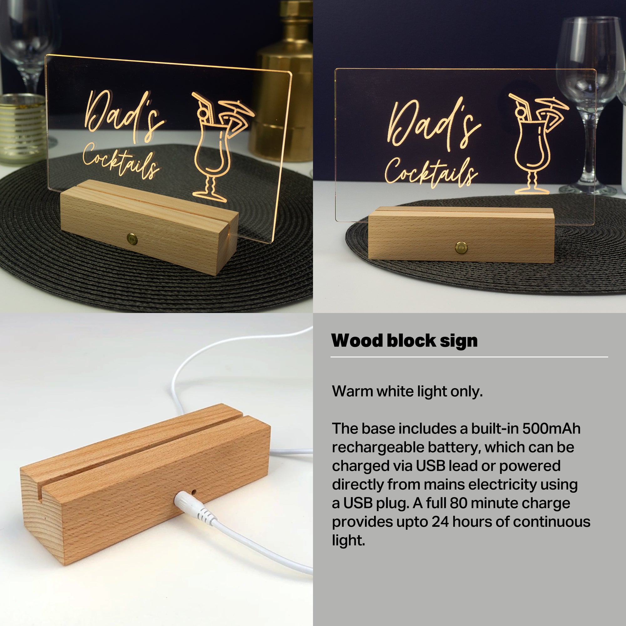 Personalised cocktail light up LED sign. Drinks trolley name plaque