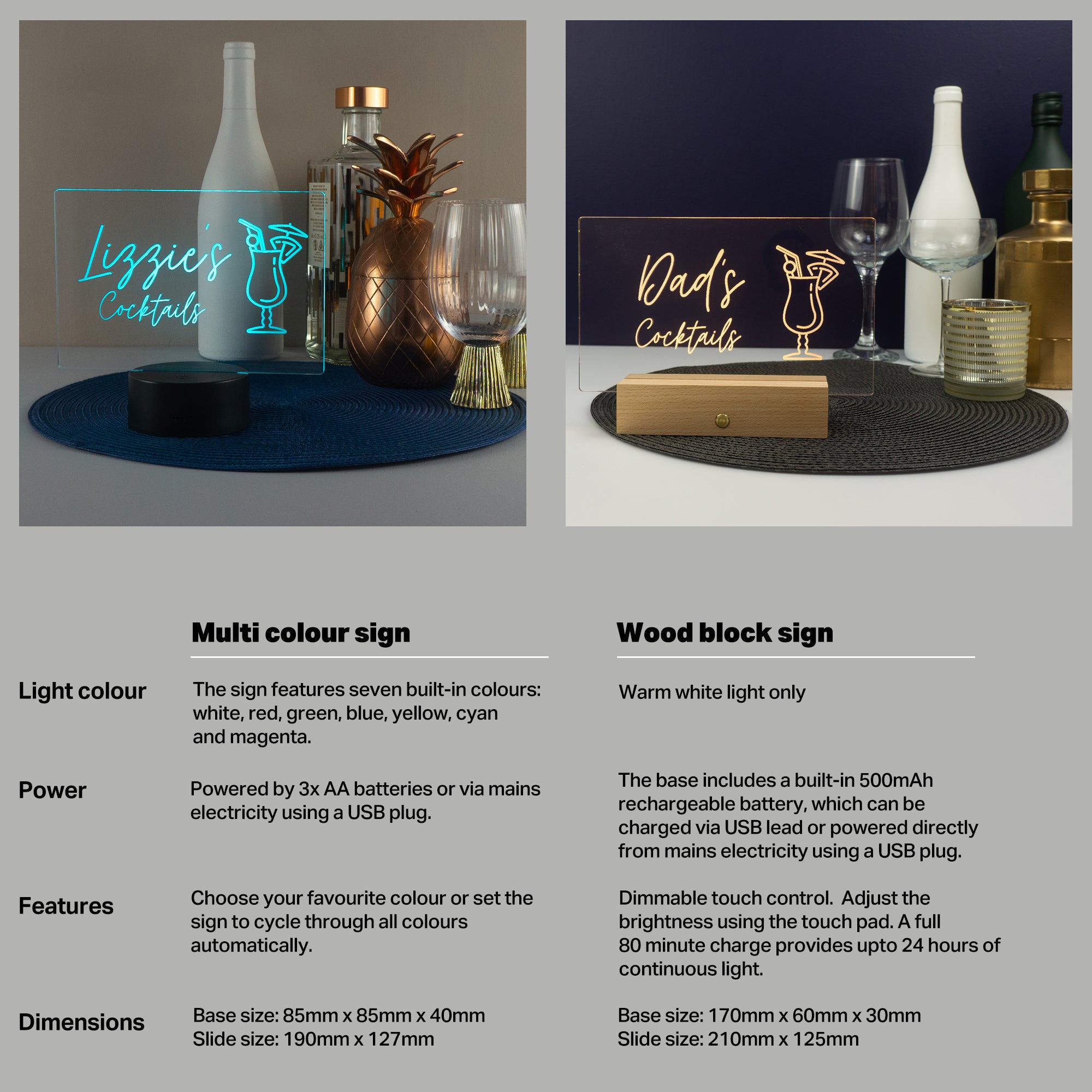 Personalised cocktail light up LED sign. Drinks trolley name plaque