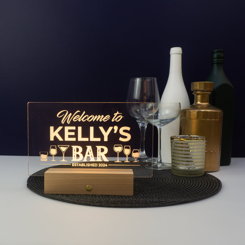 Personalised home bar sign. Custom light up LED name plaque