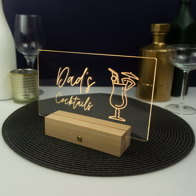 Personalised cocktail light up LED sign. Drinks trolley name plaque