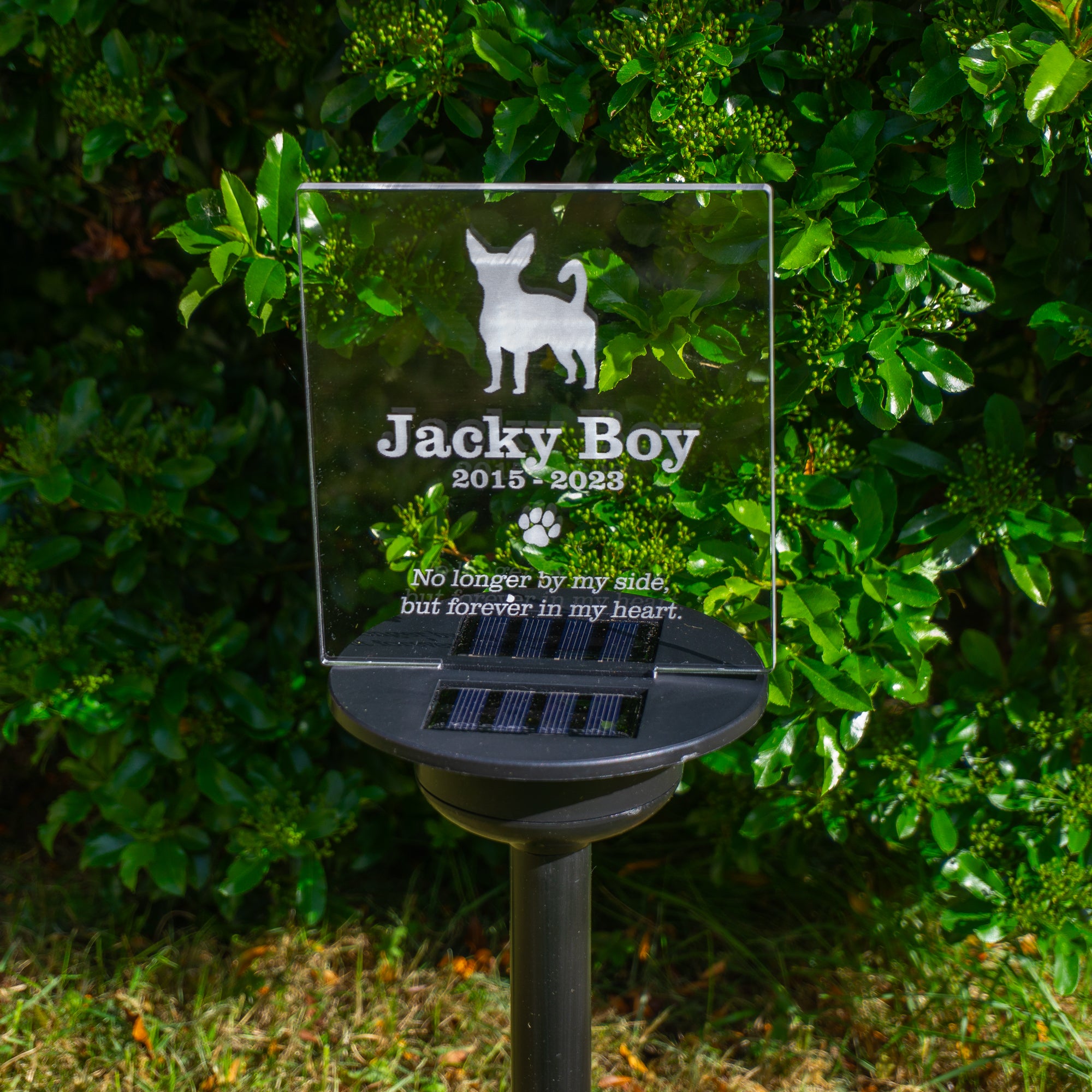 Personalised dog memorial light up graveside plaque. Outdoor solar powered LED sign