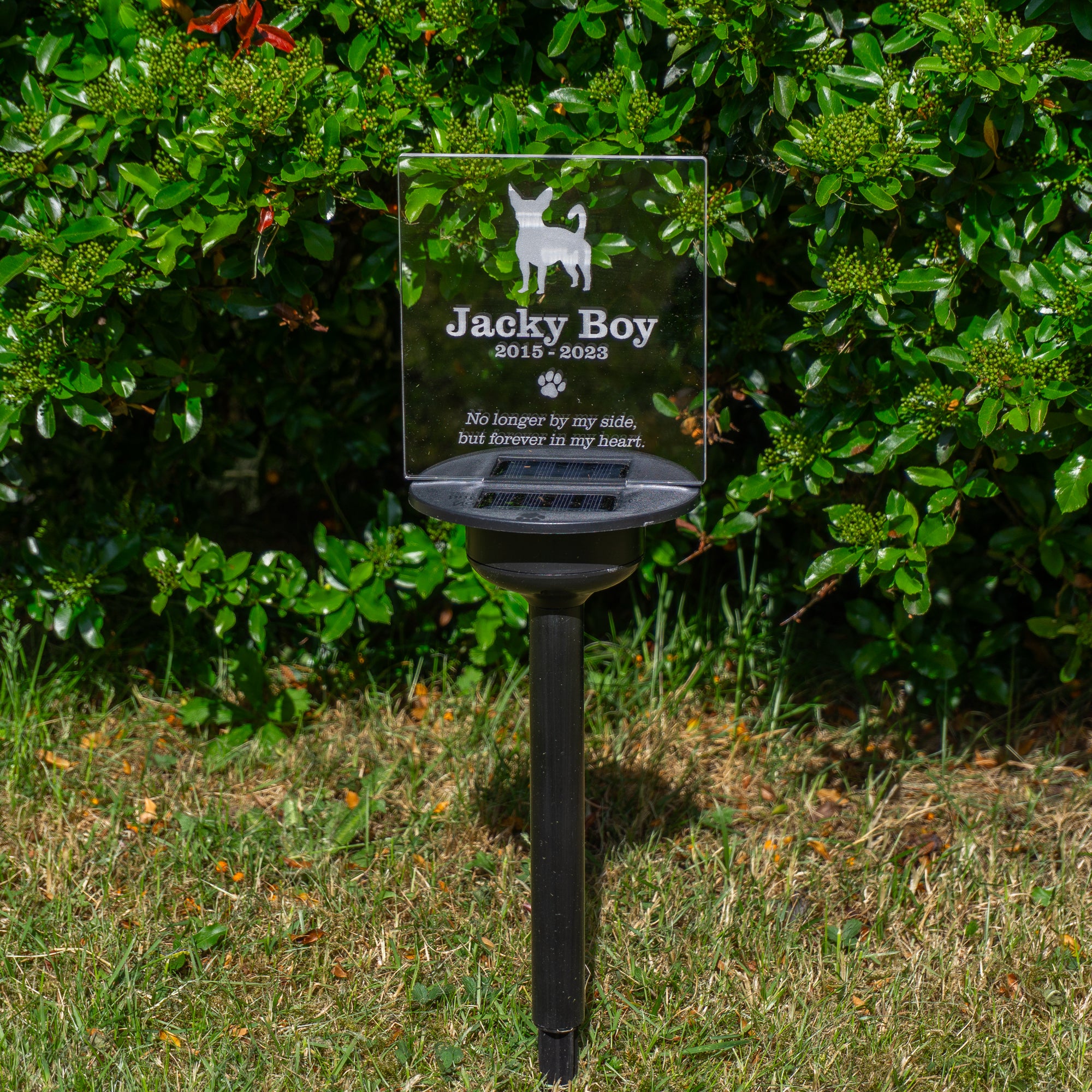 Personalised dog memorial light up graveside plaque. Outdoor solar powered LED sign