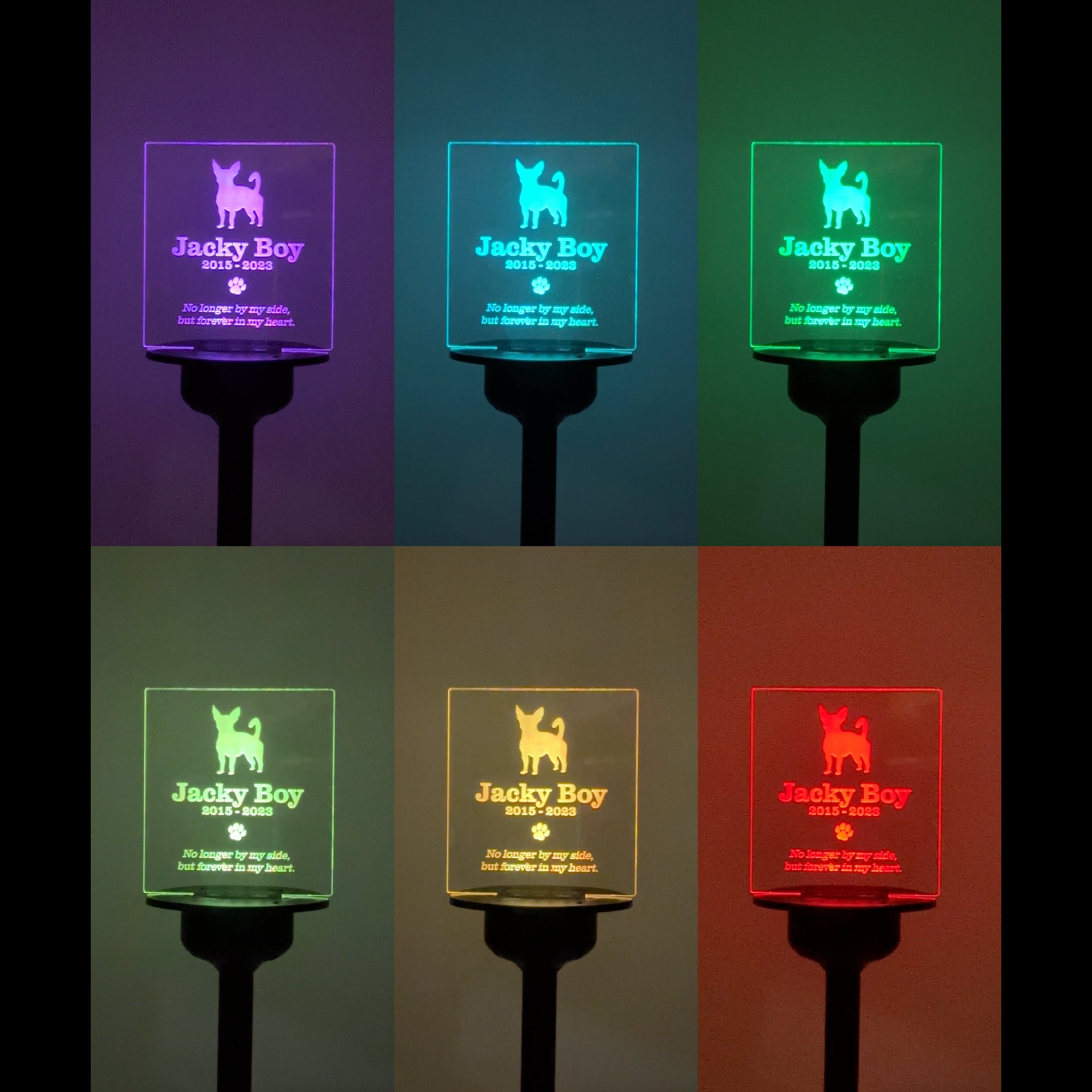 Personalised dog memorial light up graveside plaque. Outdoor solar powered LED sign