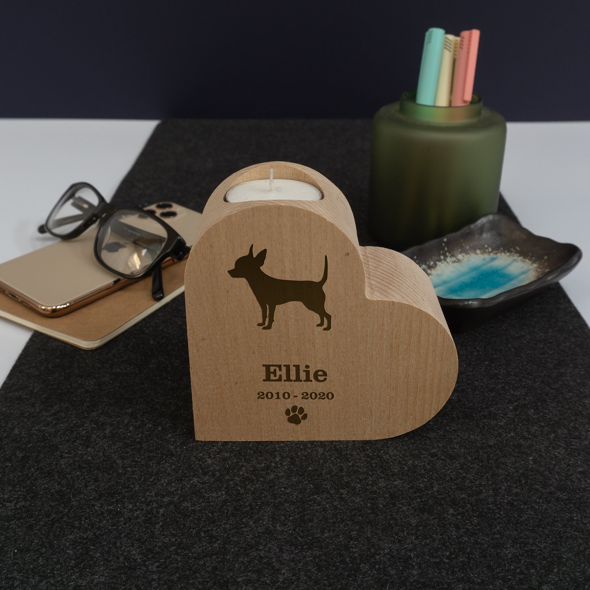 Heart shaped dog memorial candle holder