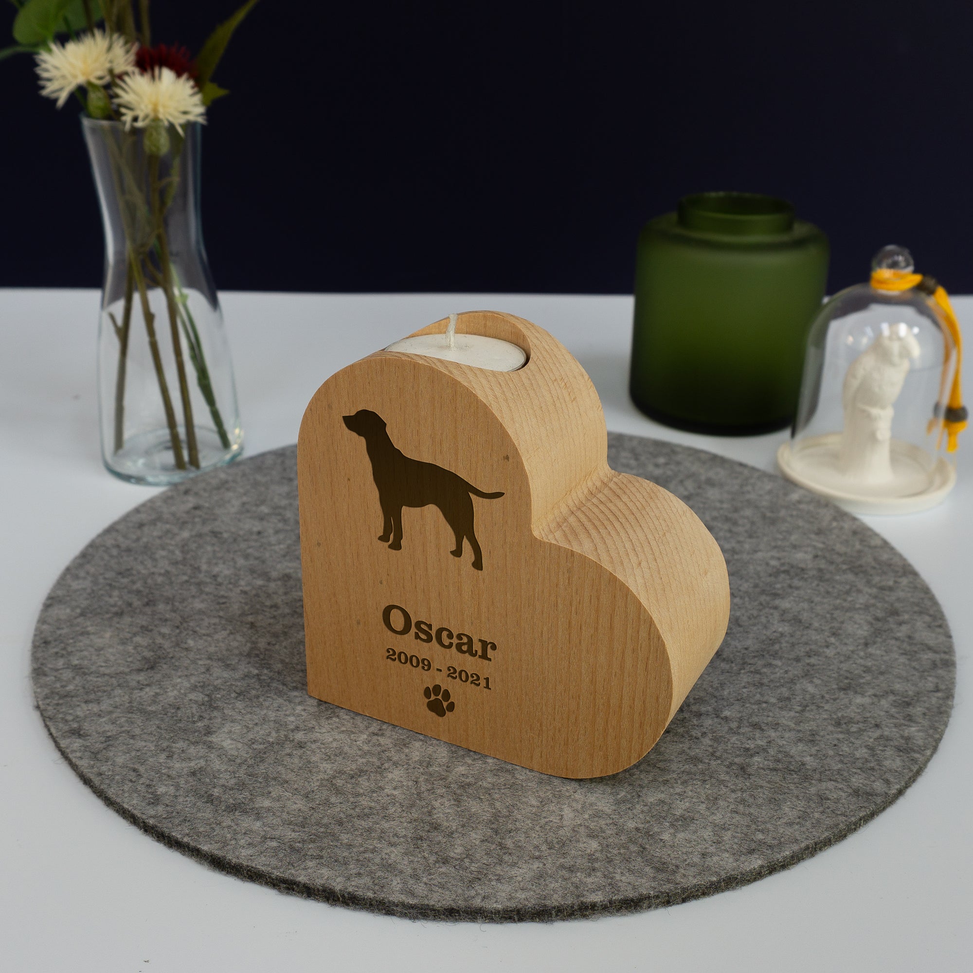Heart shaped dog memorial candle holder