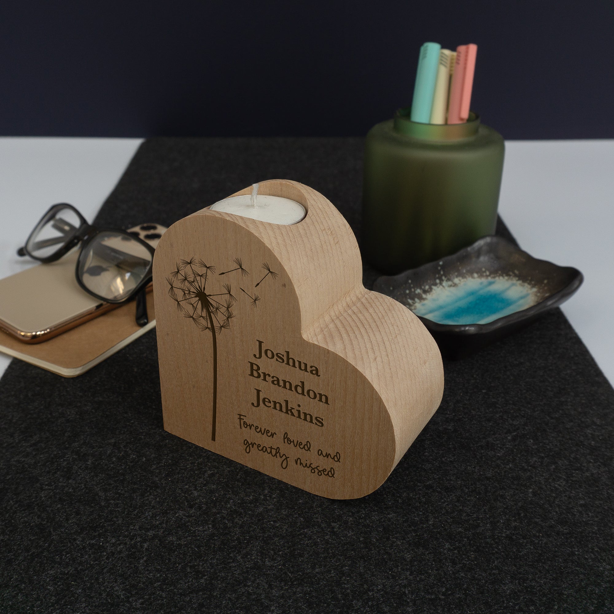 Heart shaped personalised bereavement candle holder