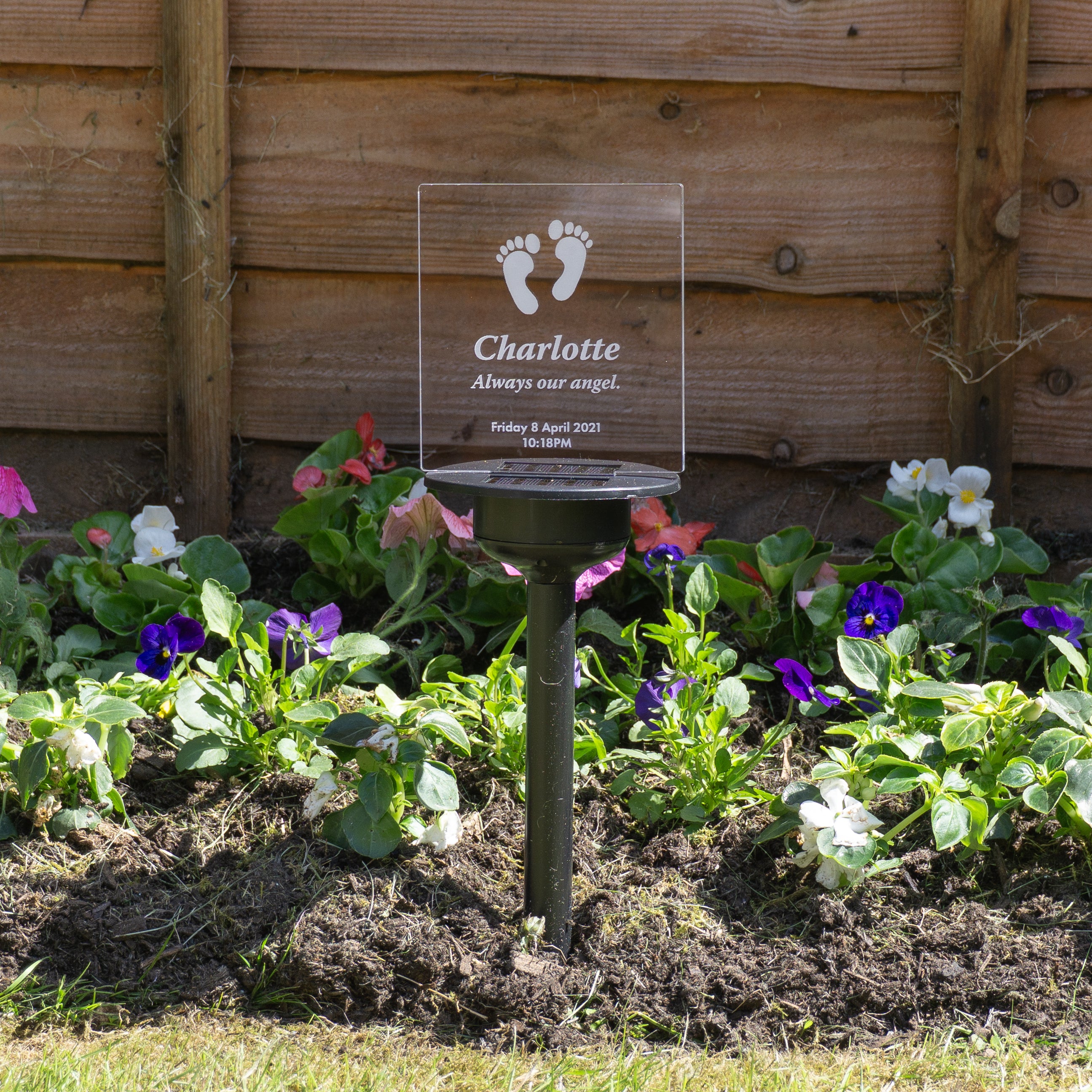 Child bereavement sympathy gift. Personalised light up LED solar powered cemetery graveside marker. Custom name remembrance plaque