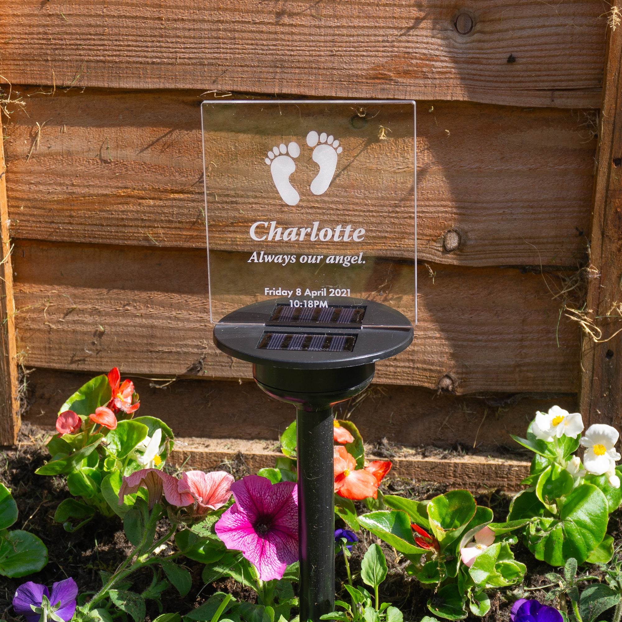 Child bereavement sympathy gift. Personalised light up LED solar powered cemetery graveside marker. Custom name remembrance plaque