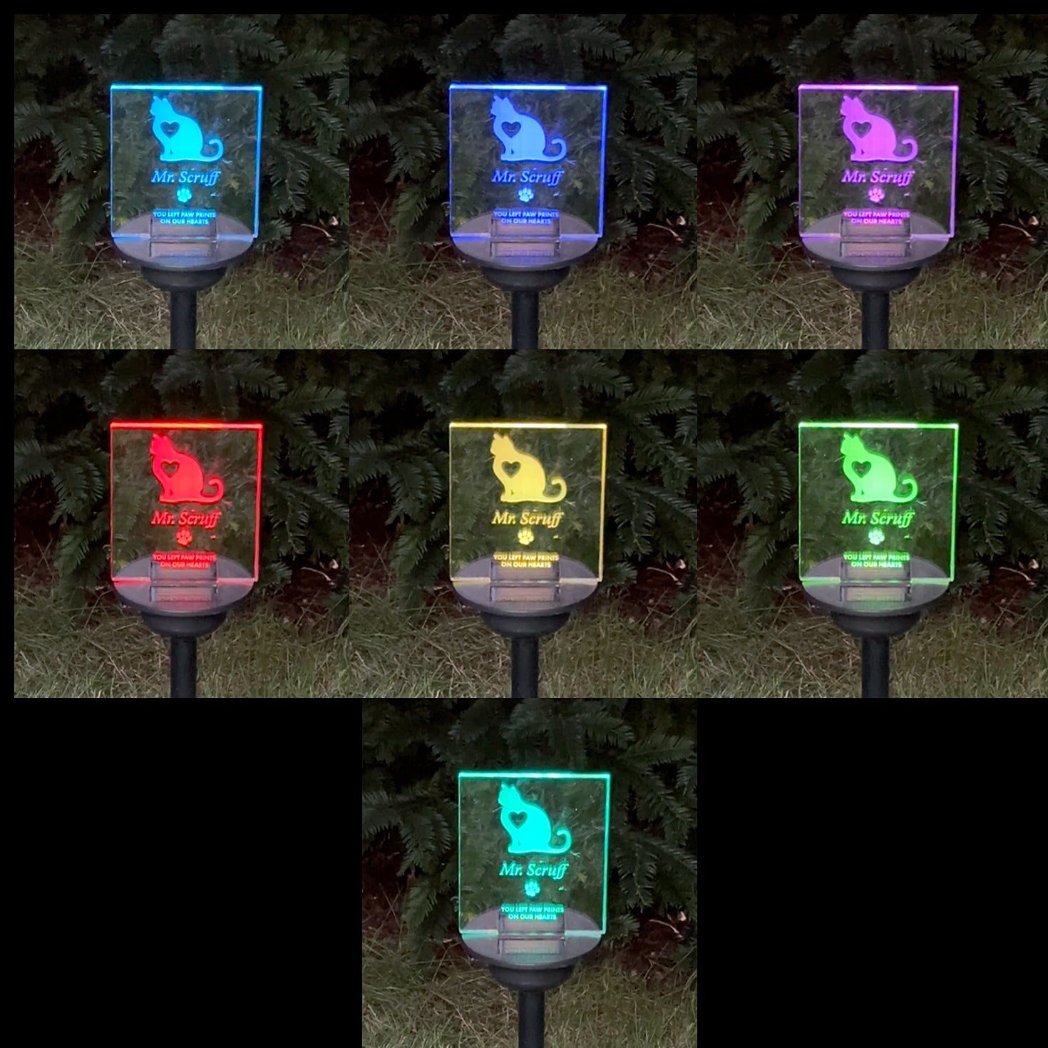 Personalised outdoor multi colour cat memorial LED sign. Custom pet loss bereavement gift.