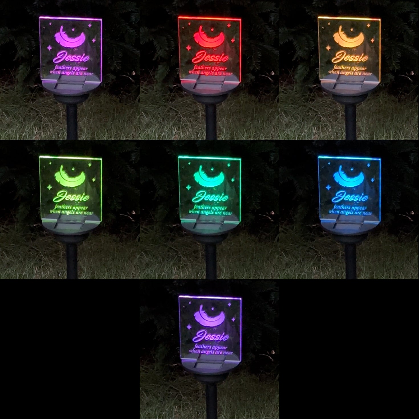 Personalised light-up LED memorial garden sign. Outdoor solar powered graveside LED name plaque.
