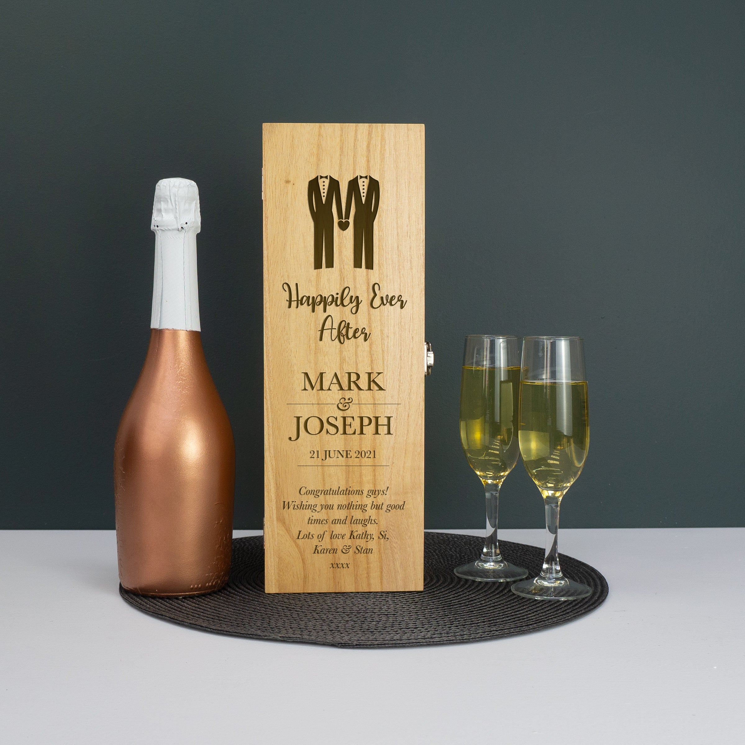 Personalised gay wedding wine bottle box