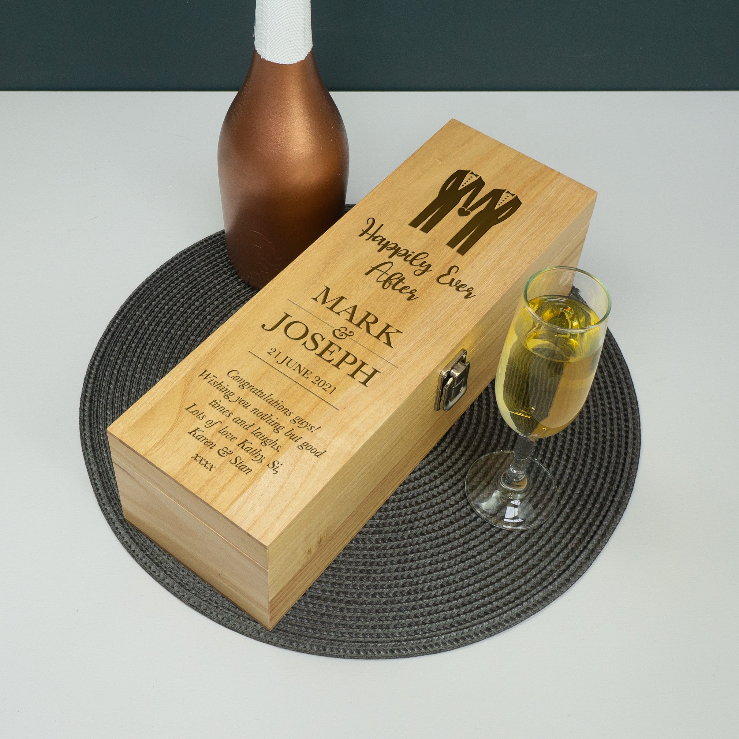 Personalised gay wedding wine bottle box