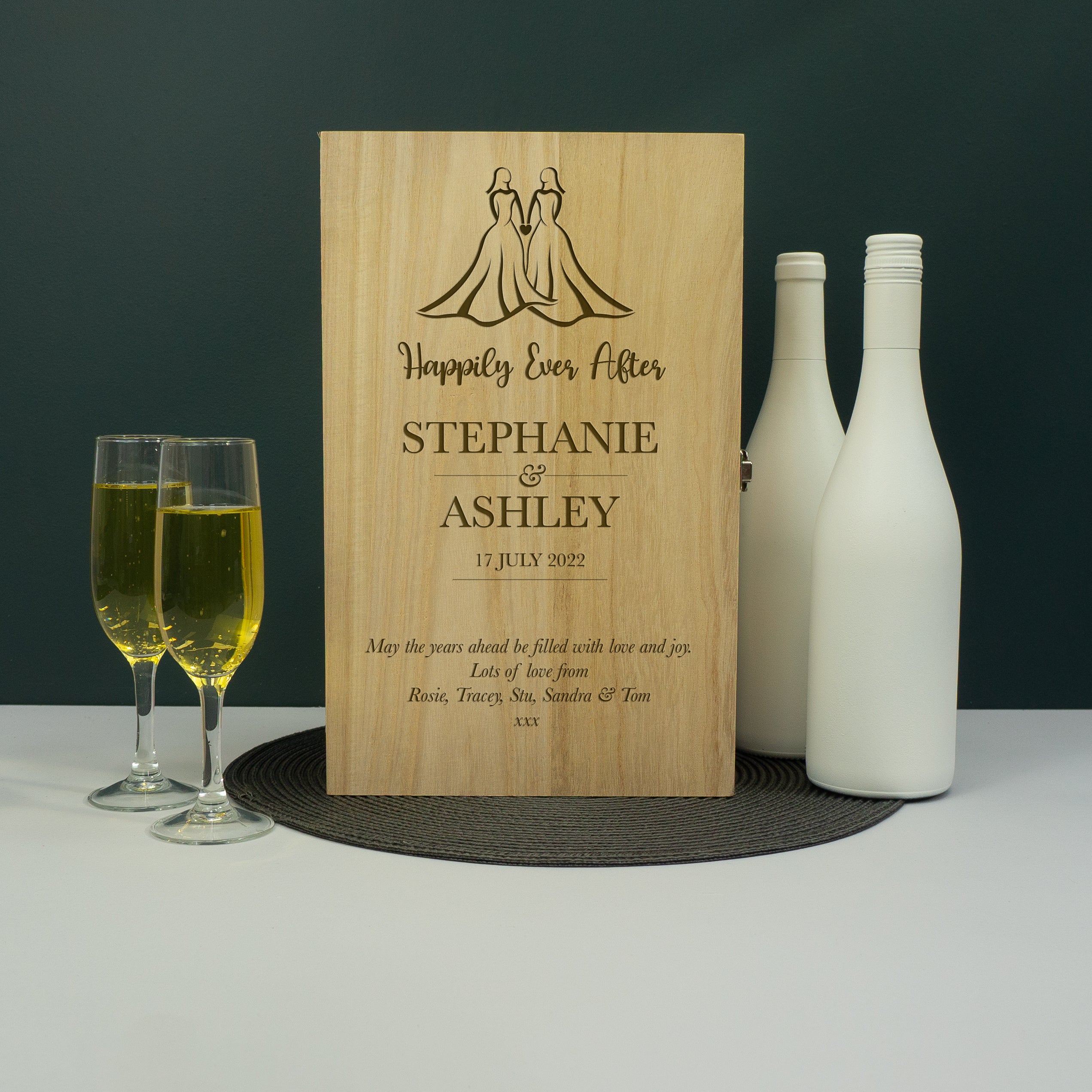 Personalised lesbian wedding double wine bottle gifting box