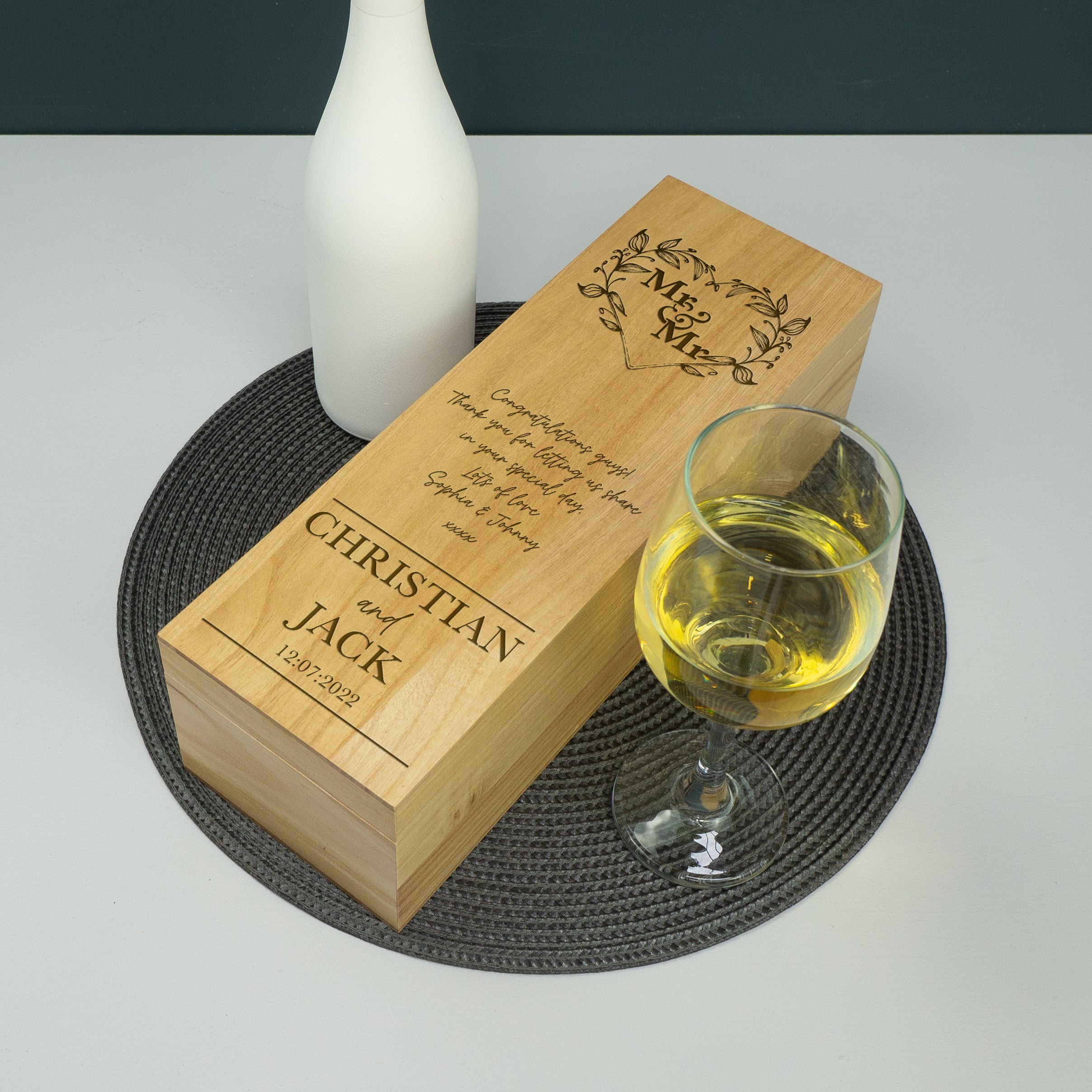 Personalised Mr & Mr floral wreath champagne box