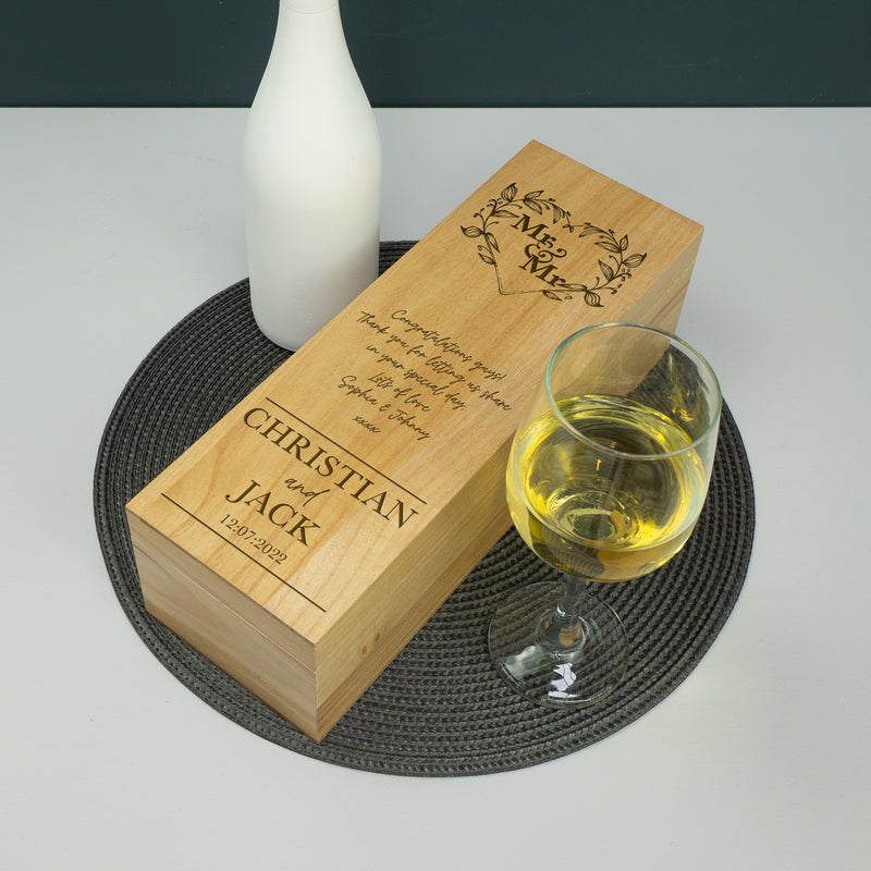 Personalised Mr & Mr floral wreath champagne box