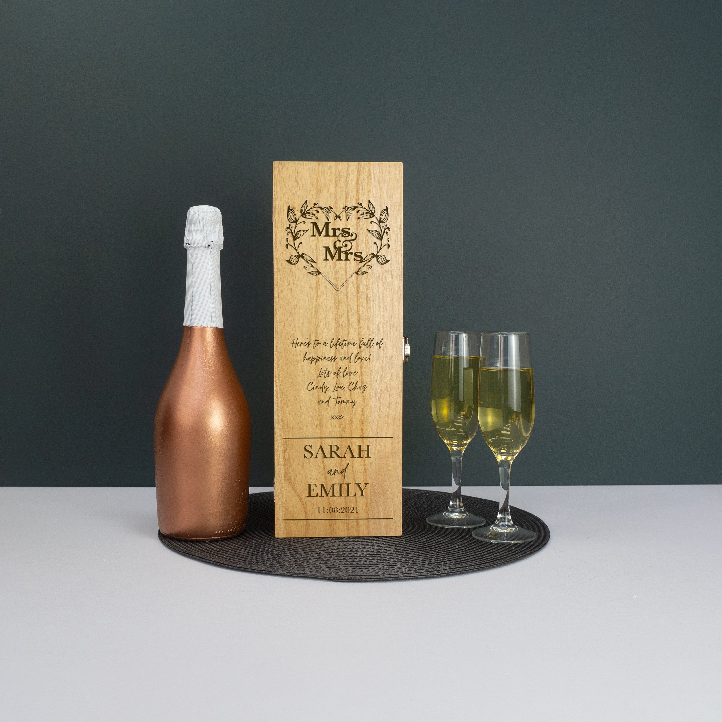 Personalised Mrs & Mrs floral wreath champagne box