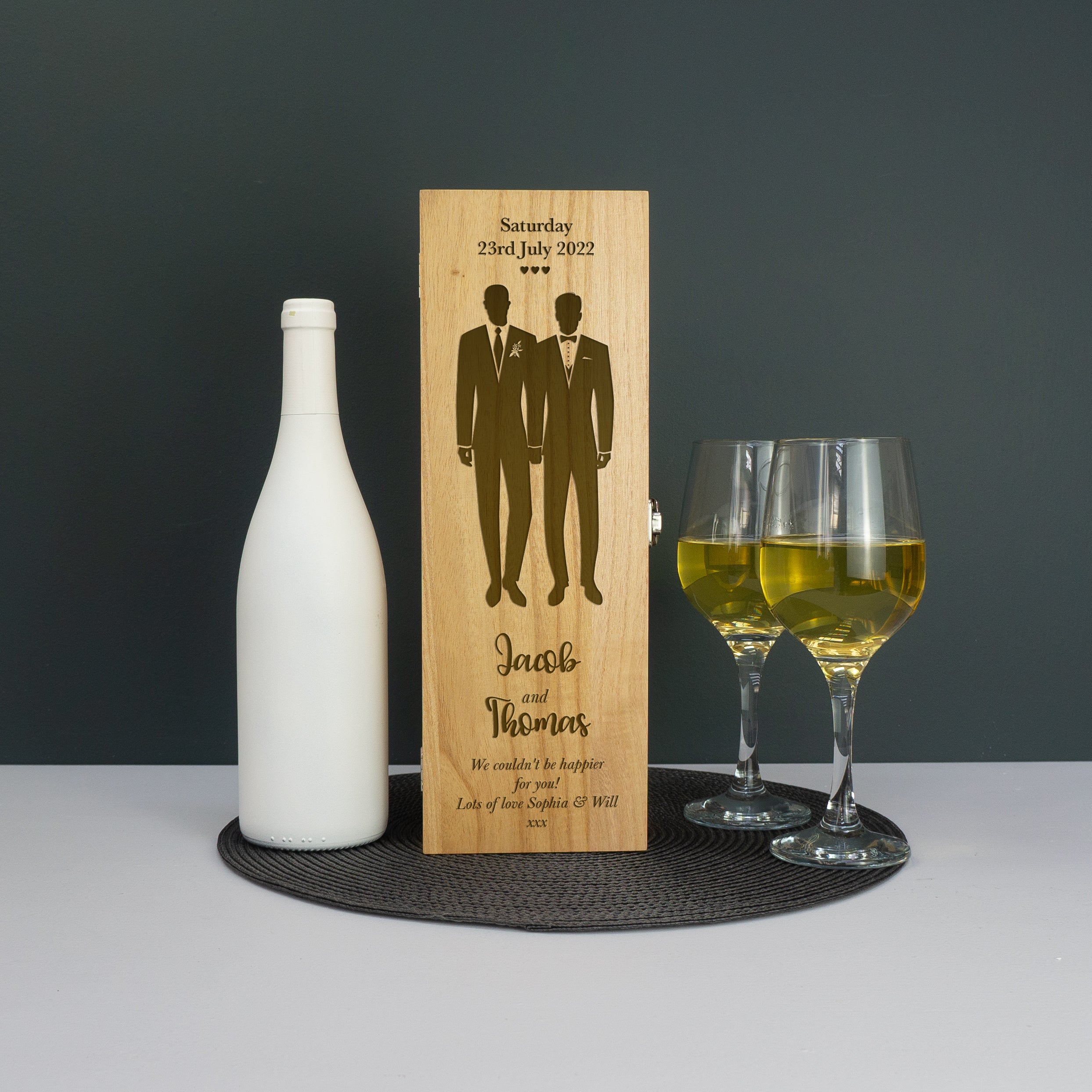Custom engraved gay marriage champagne bottle gift box LGBTQ+