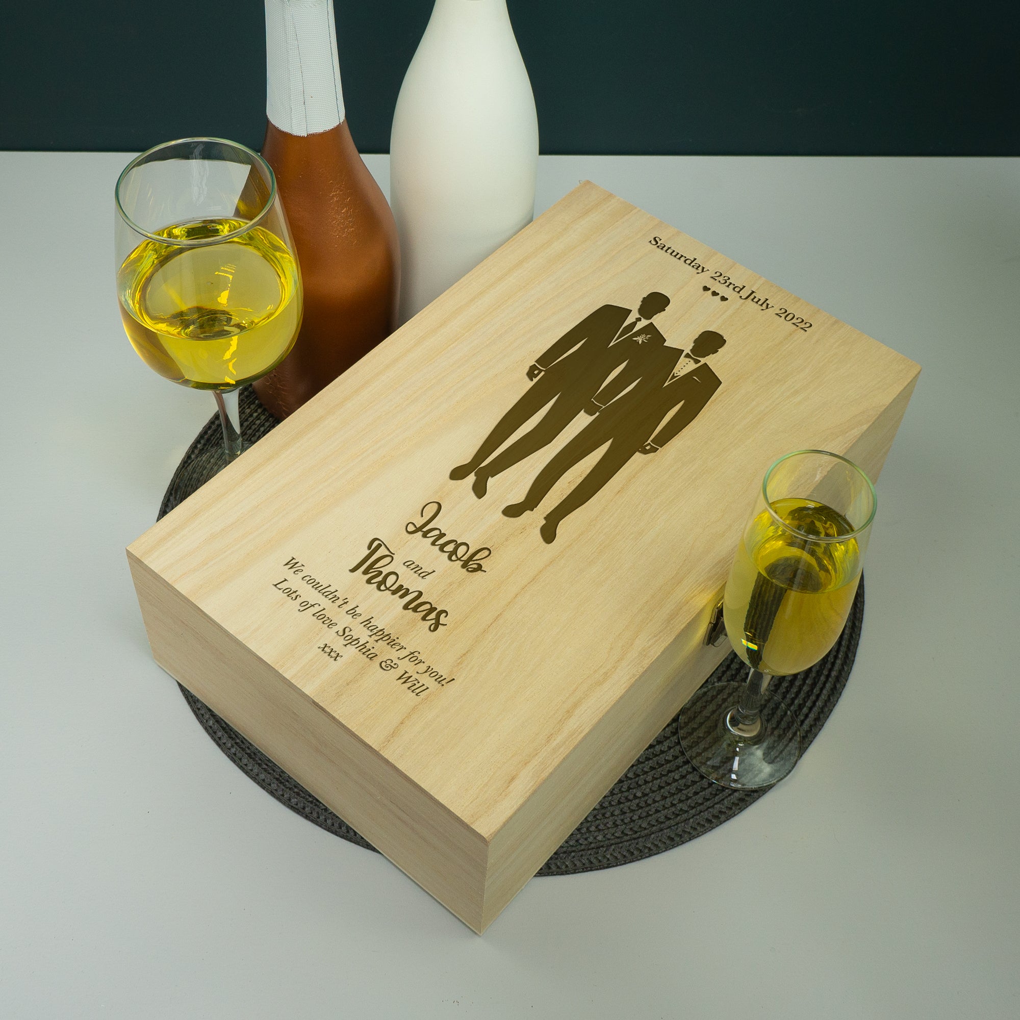 Custom engraved gay marriage twin champagne bottle gift box LGBTQ+
