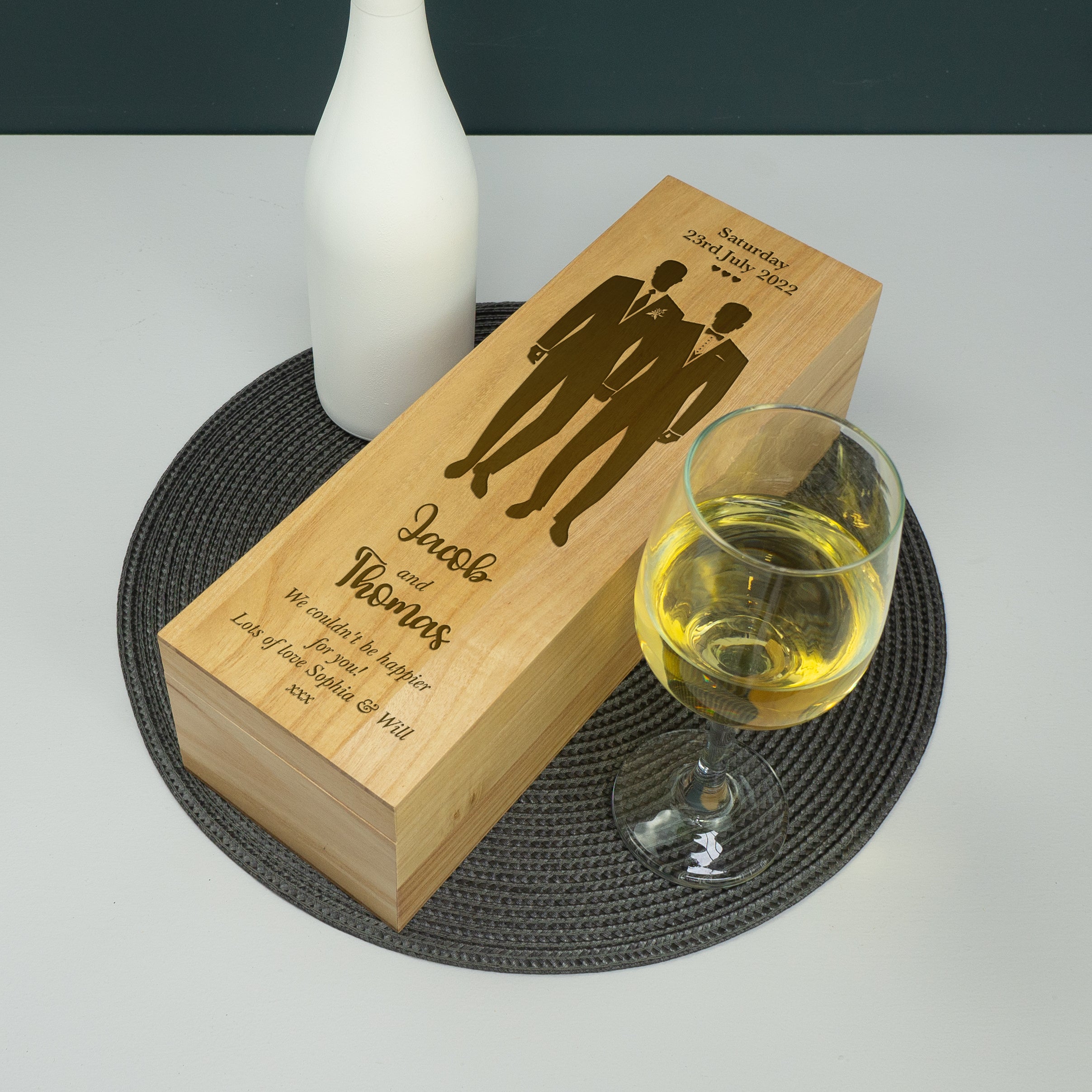 Custom engraved gay marriage champagne bottle gift box LGBTQ+