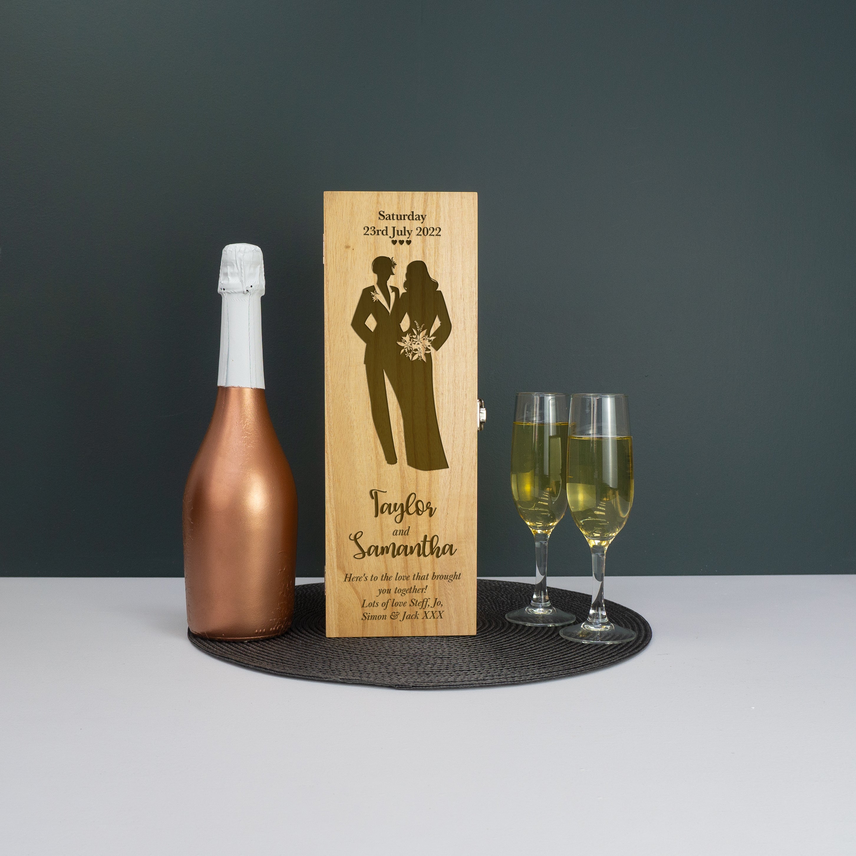 Custom engraved bride and bride marriage champagne bottle gifting box LGBTQ+