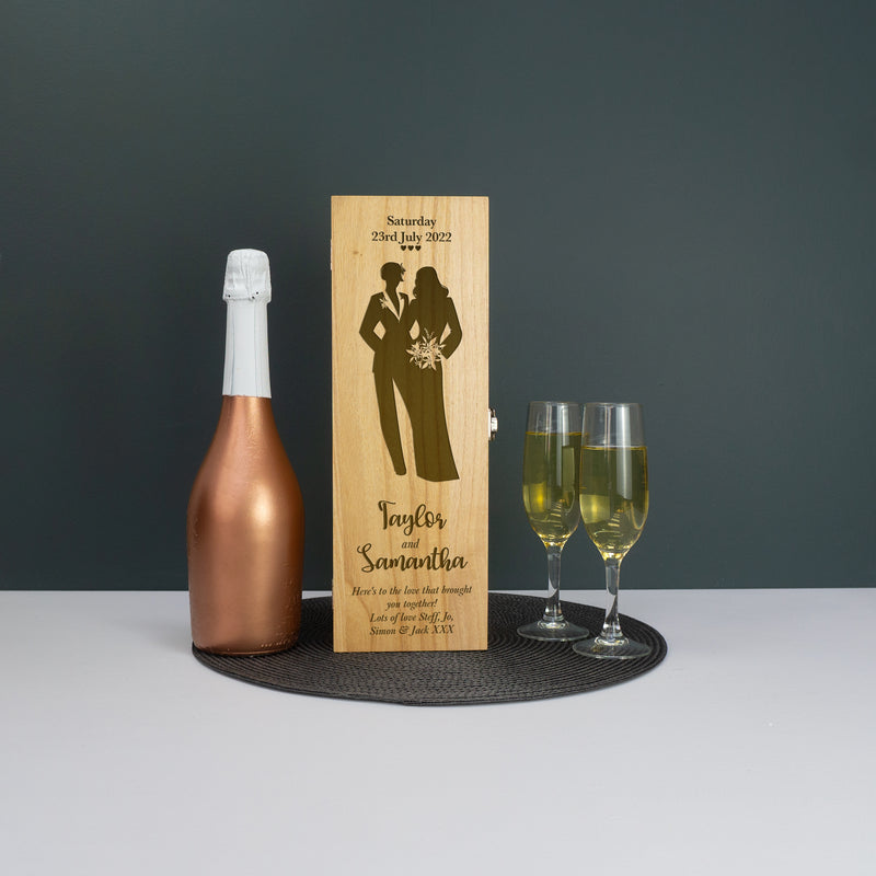 Custom engraved bride and bride marriage champagne bottle gifting box LGBTQ+
