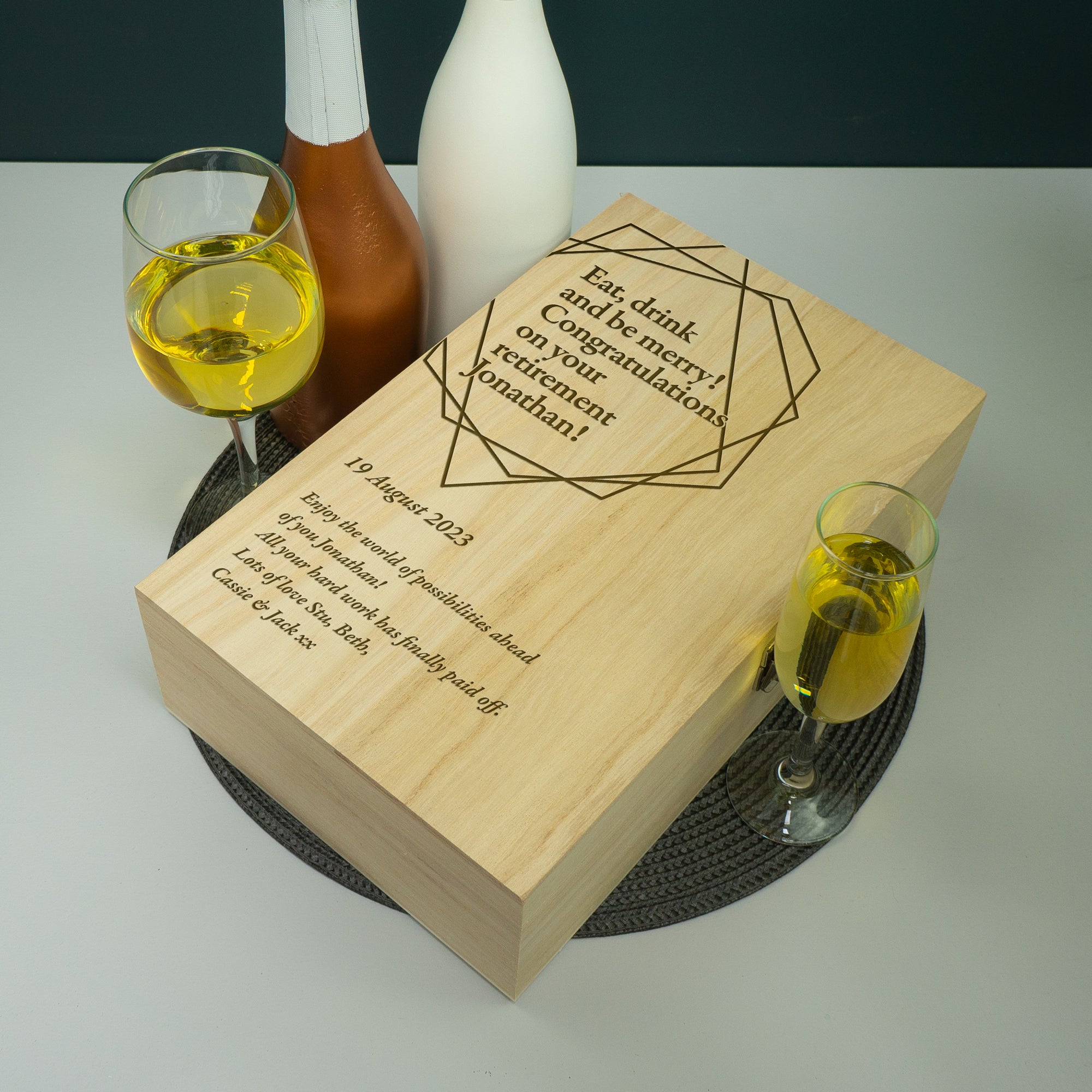 Personalised retirement present. Twin bottle gifting box