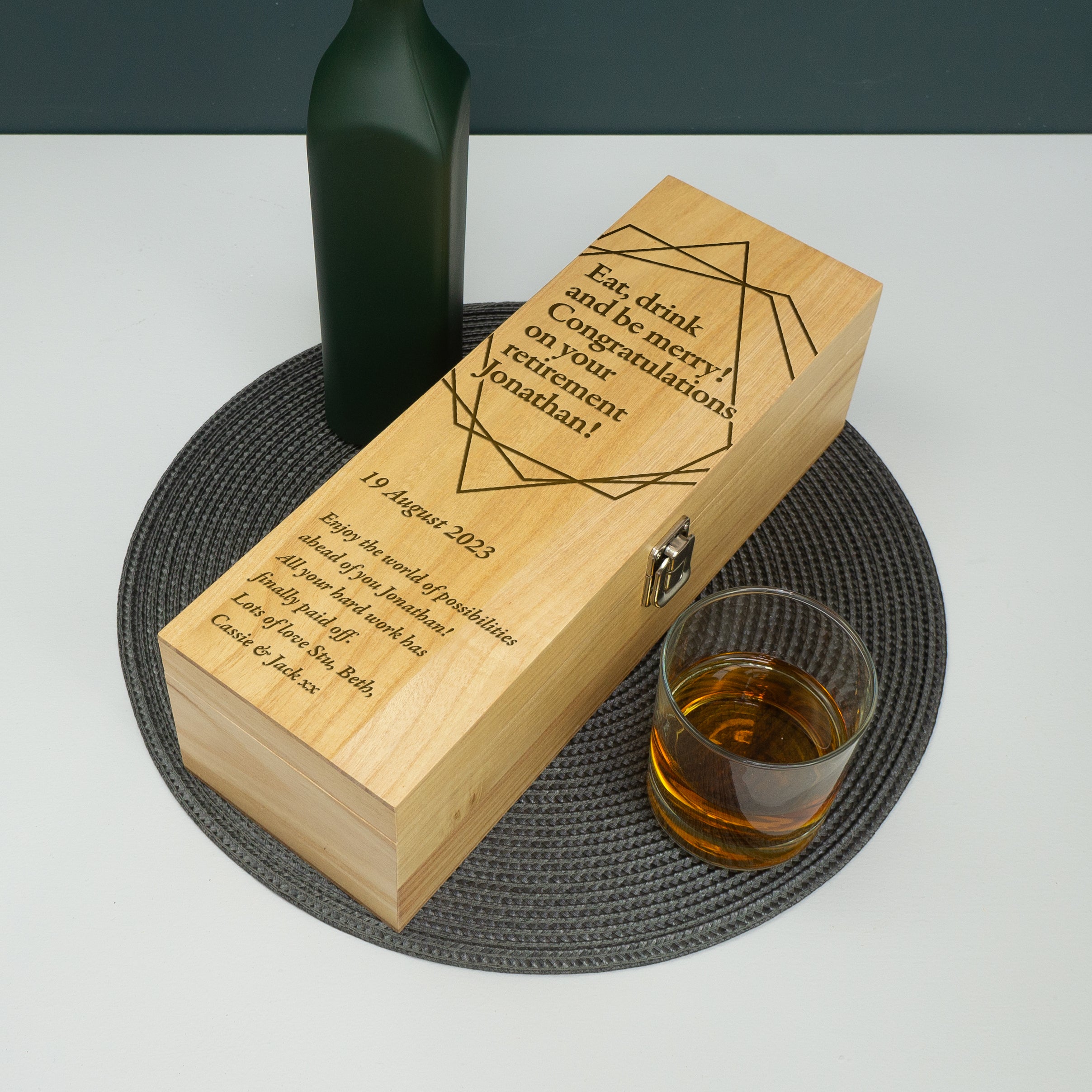 Personalised retirement present. Custom engraved wooden wine bottle box