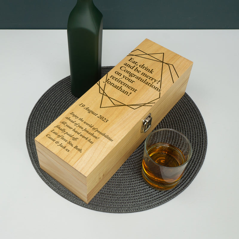 Personalised retirement present. Custom engraved wooden wine bottle box