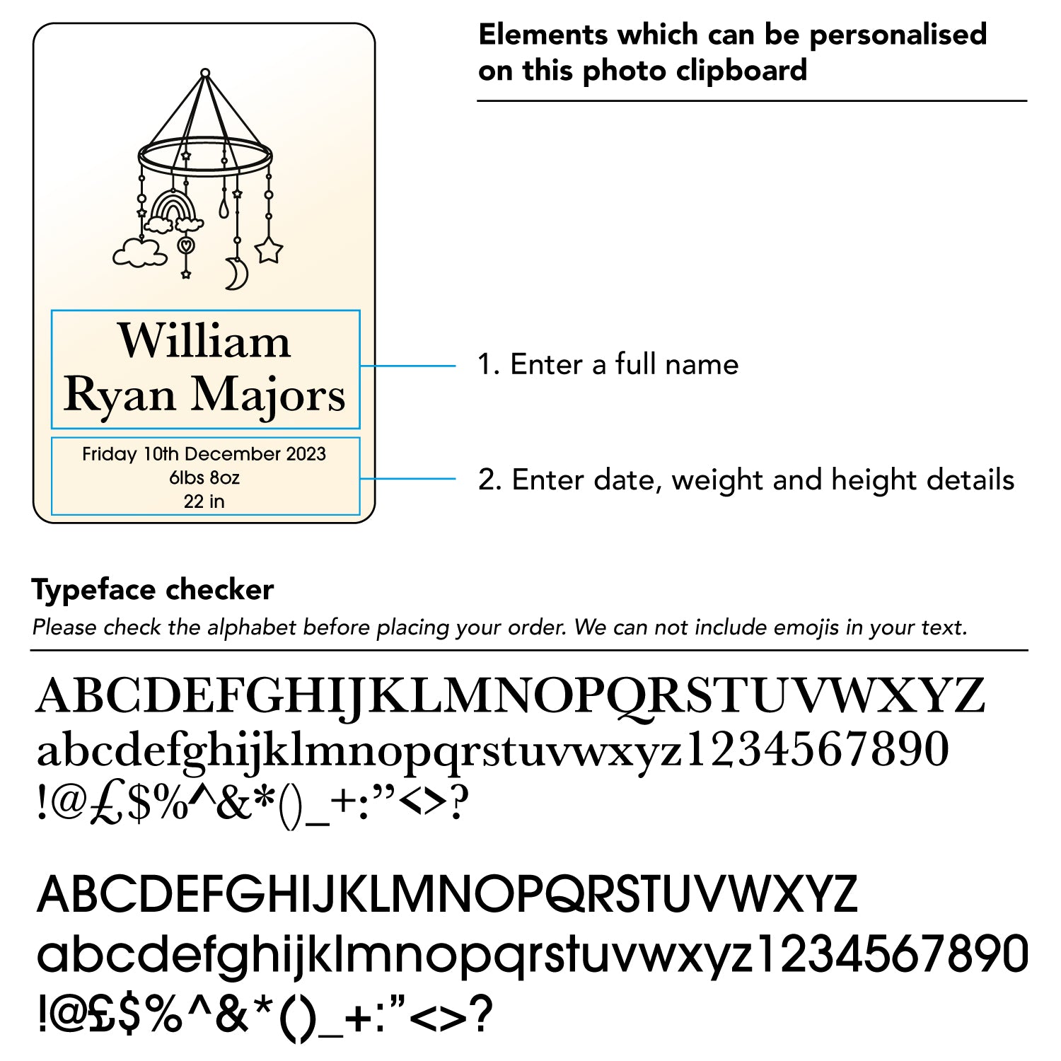 Personalised newborn baby photo frame. Birth annoucement gift