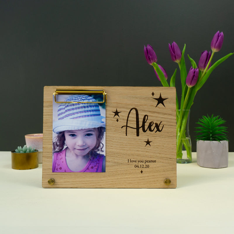 Personalised wooden photo frame. Custom engraved picture display plinth