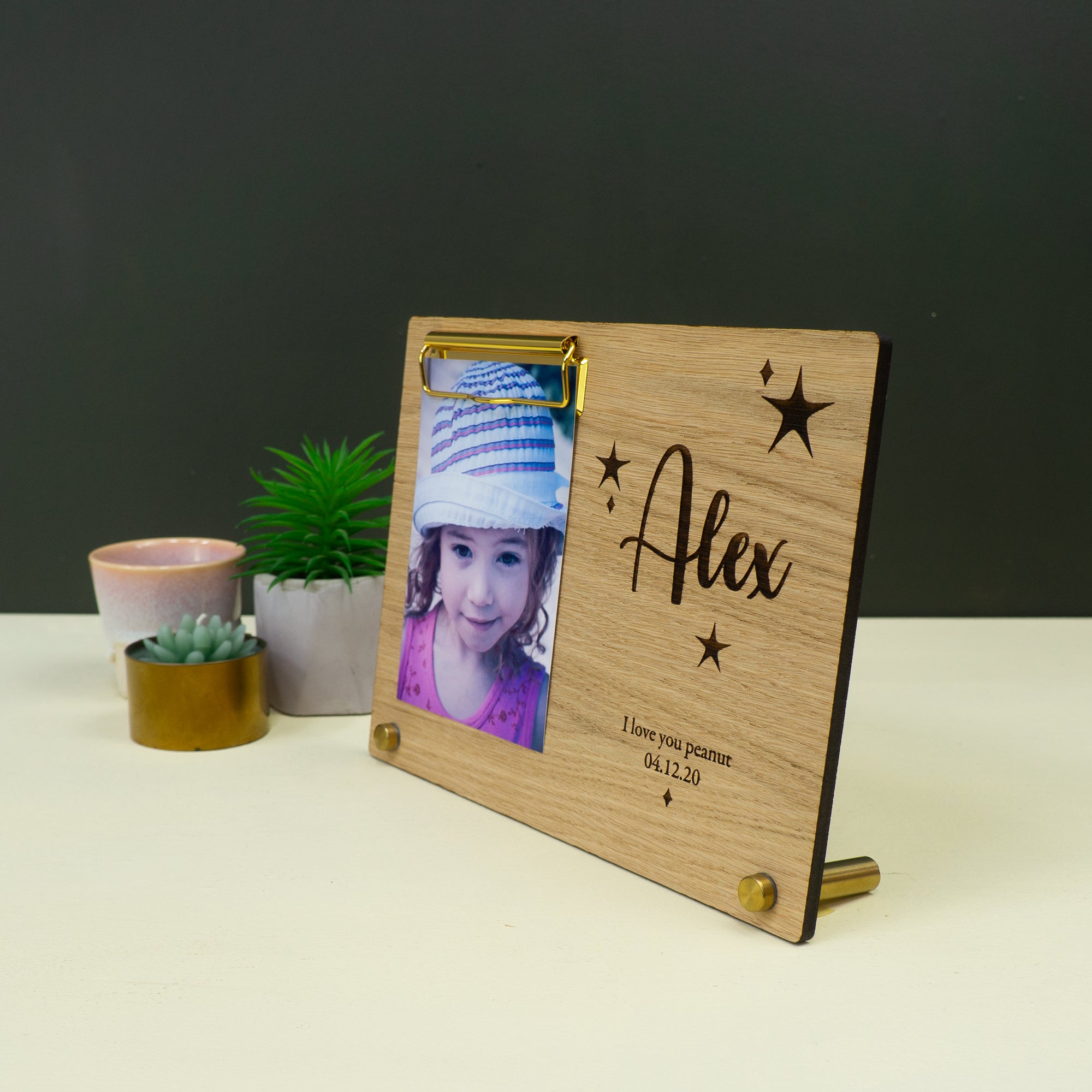 Personalised wooden photo frame. Custom engraved picture display plinth