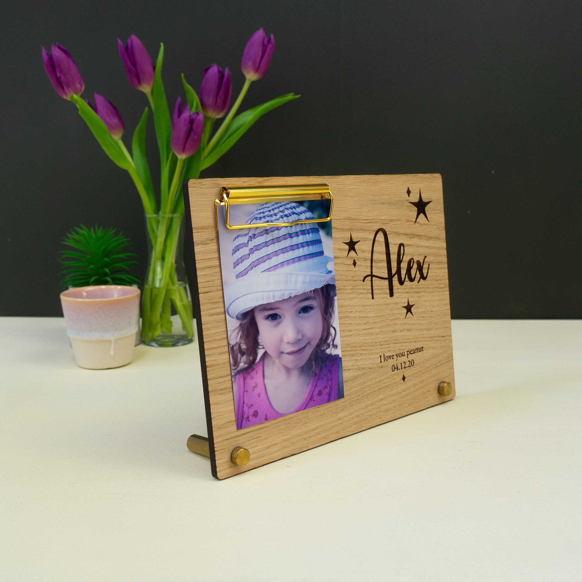 Personalised wooden photo frame. Custom engraved picture display plinth