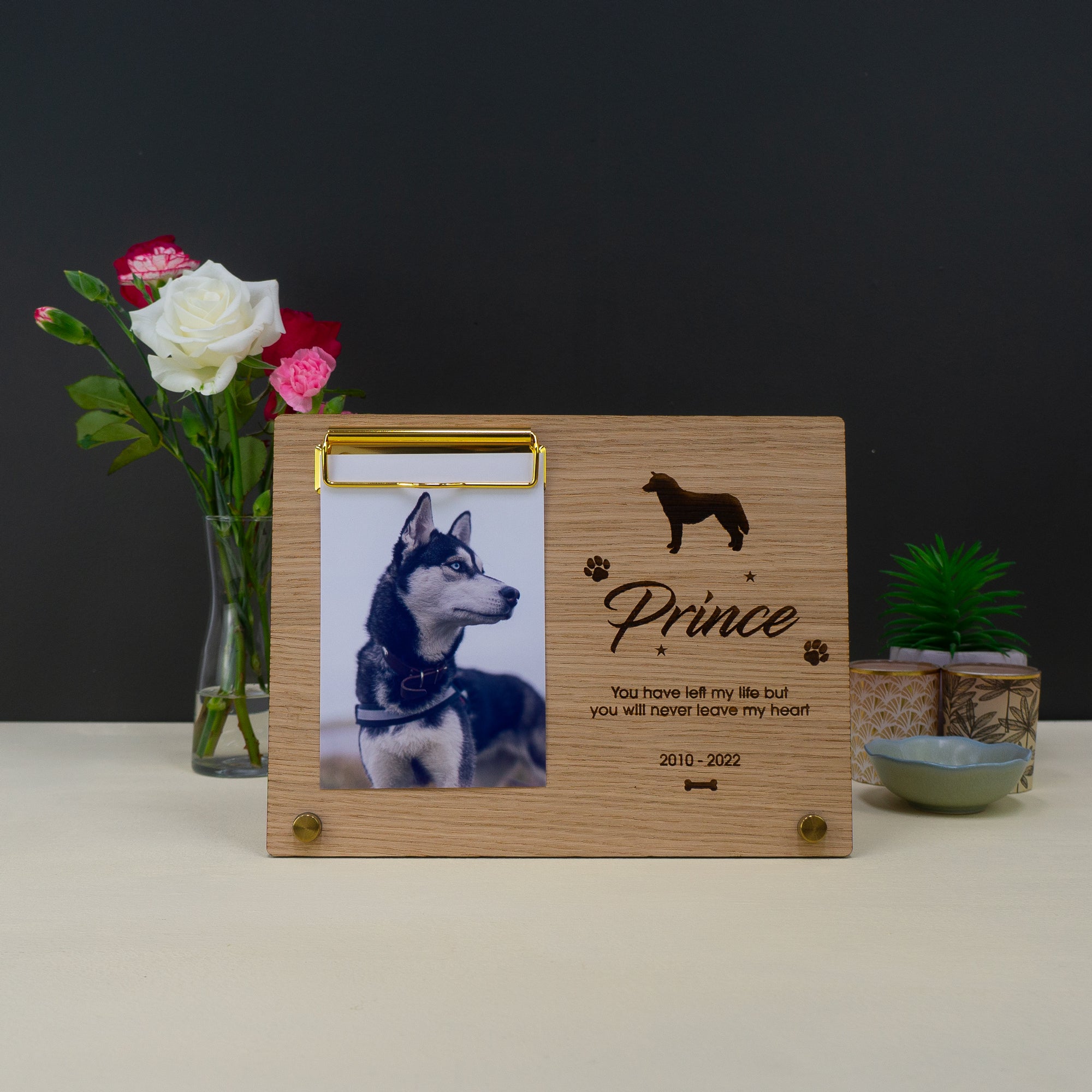 Personalised dog memorial photo frame. Custom made clipboard frame