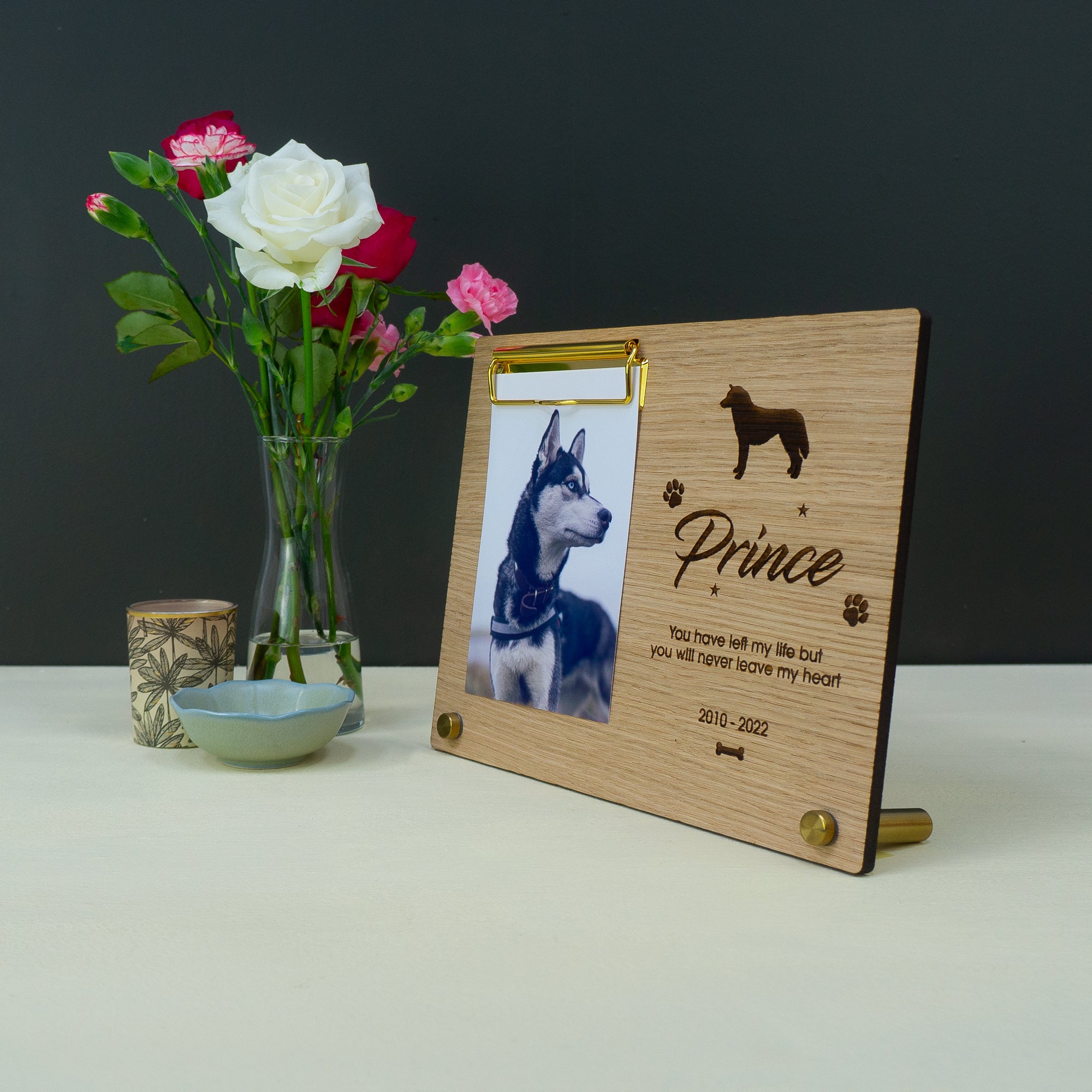 Personalised dog memorial photo frame. Custom made clipboard frame