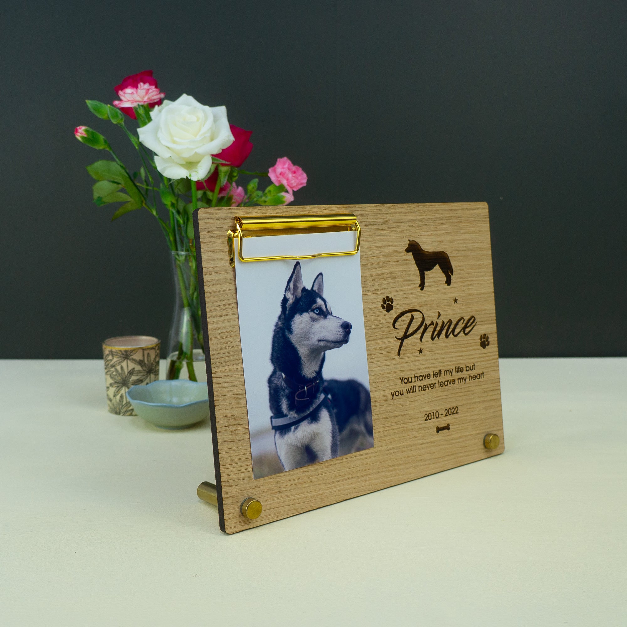 Personalised dog memorial photo frame. Custom made clipboard frame