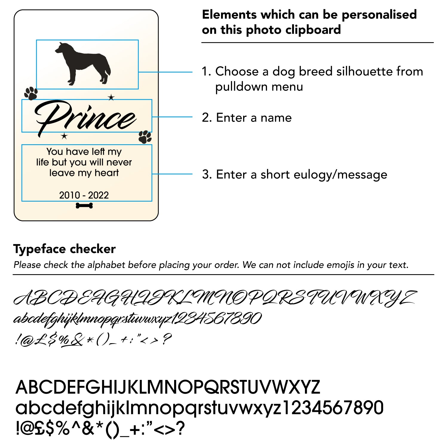 Personalised dog memorial photo frame. Custom made clipboard frame